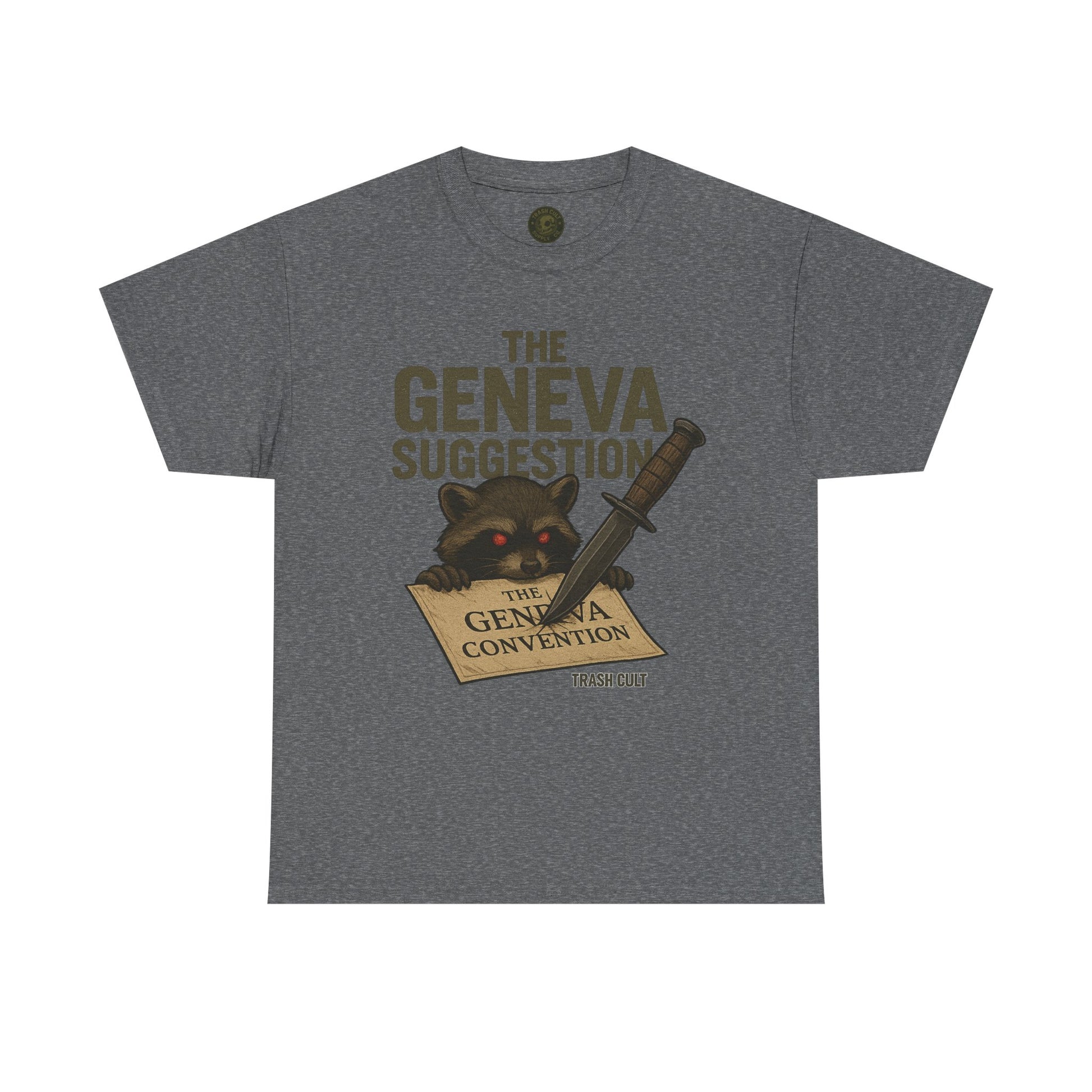 The Geneva Suggestion T-Shirt – Tactical Raccoon Dark Humor Tee | Trash Cult Supply Co. | Gildan 5000