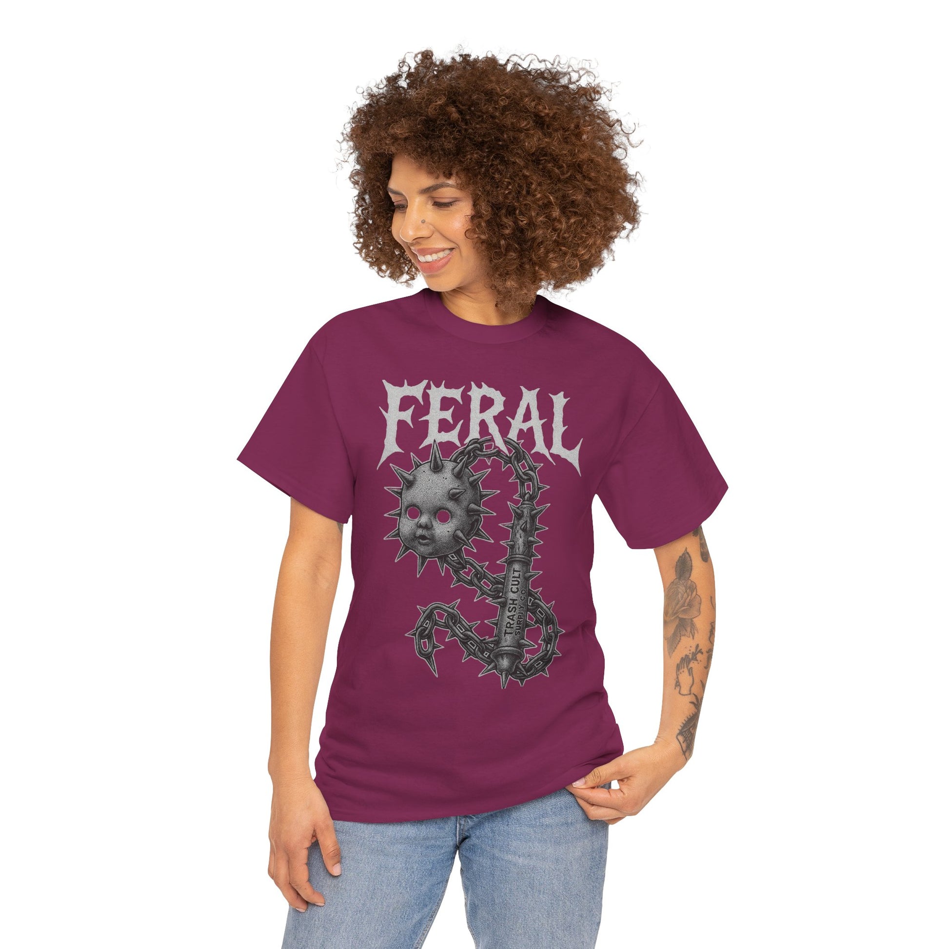 FERAL Spiked Doll Flail Tee – Halftone Gothic Weapon Shirt | Trash Cult Supply Co. | Gildan 5000