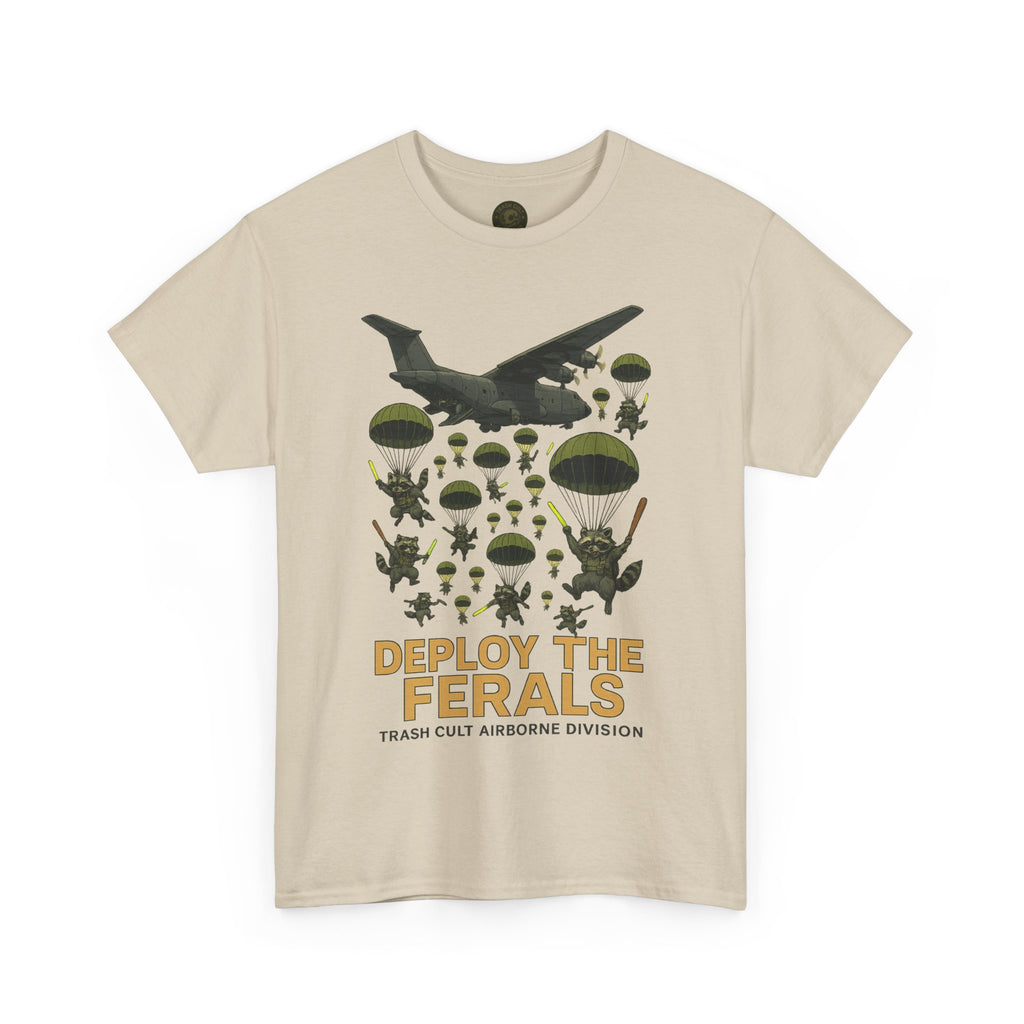Deploy the Ferals T-Shirt – Airborne Raccoon Drop Graphic | Trash Cult Supply Co. | Gildan 5000 Heavy Cotton Tee