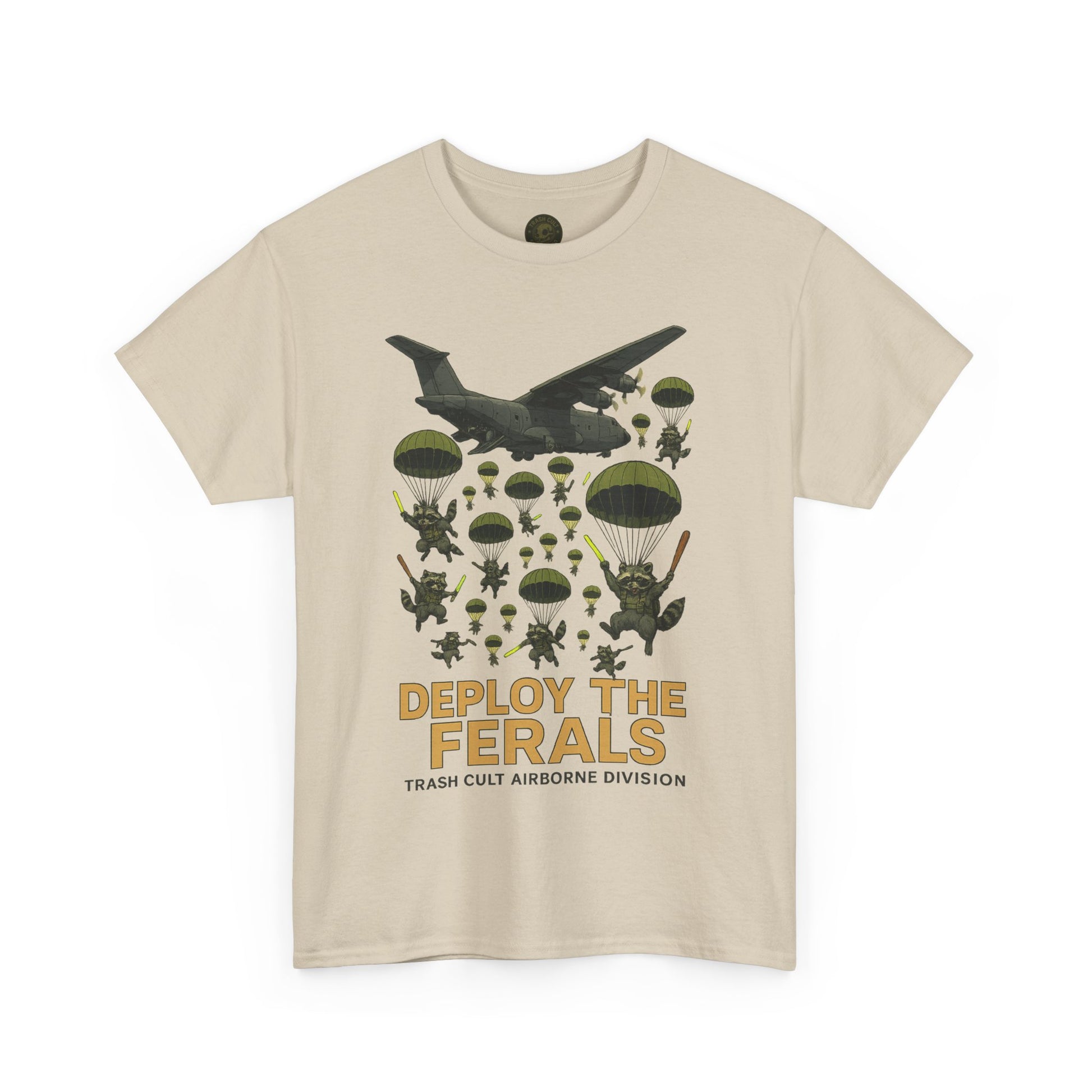 Deploy the Ferals T-Shirt – Airborne Raccoon Drop Graphic | Trash Cult Supply Co. | Gildan 5000 Heavy Cotton Tee