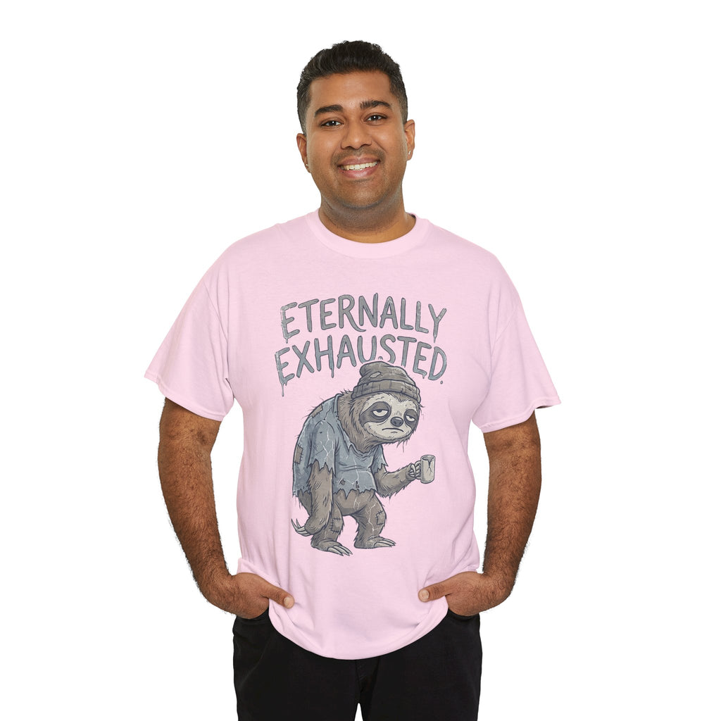T-Shirt — 'Eternally Exhausted' Sloth Graphic Tee (Funny Coffee Lover Gift)