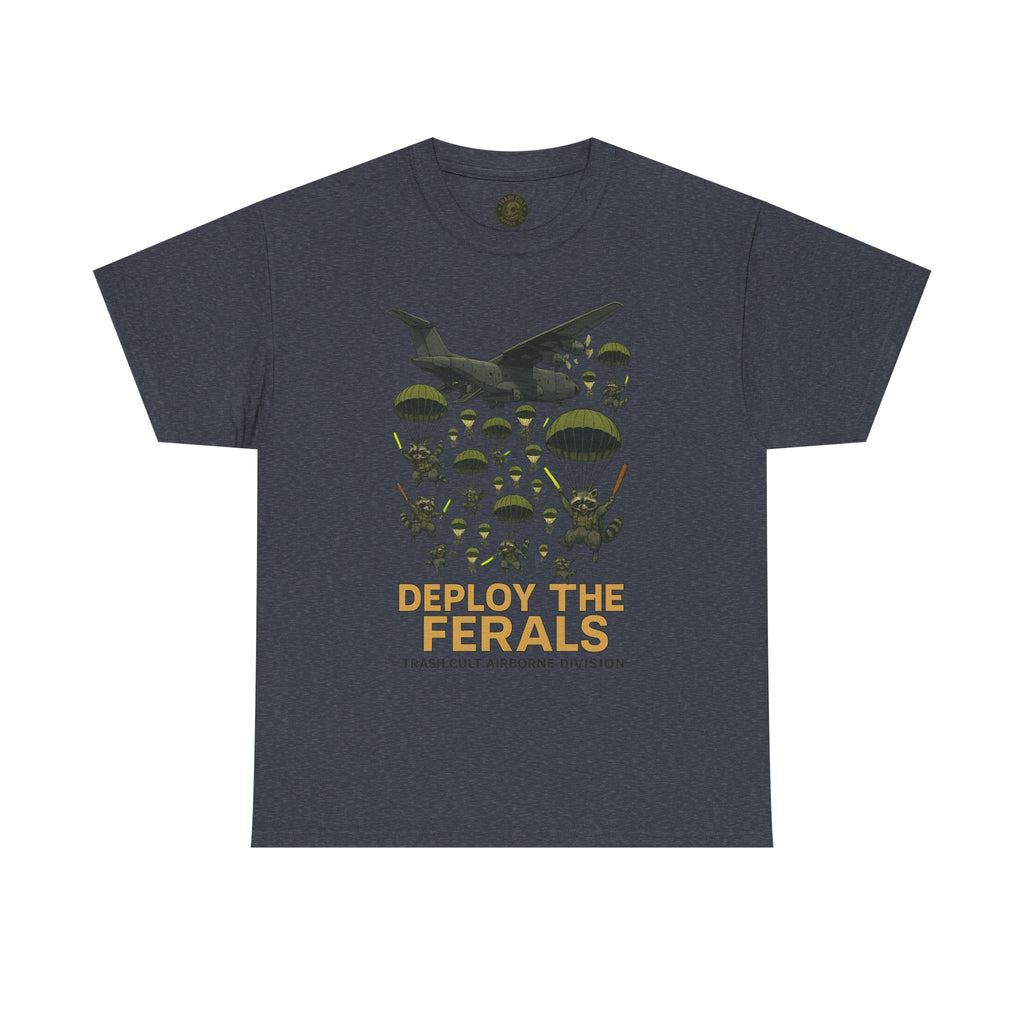 Deploy the Ferals T-Shirt – Airborne Raccoon Drop Graphic | Trash Cult Supply Co. | Gildan 5000 Heavy Cotton Tee