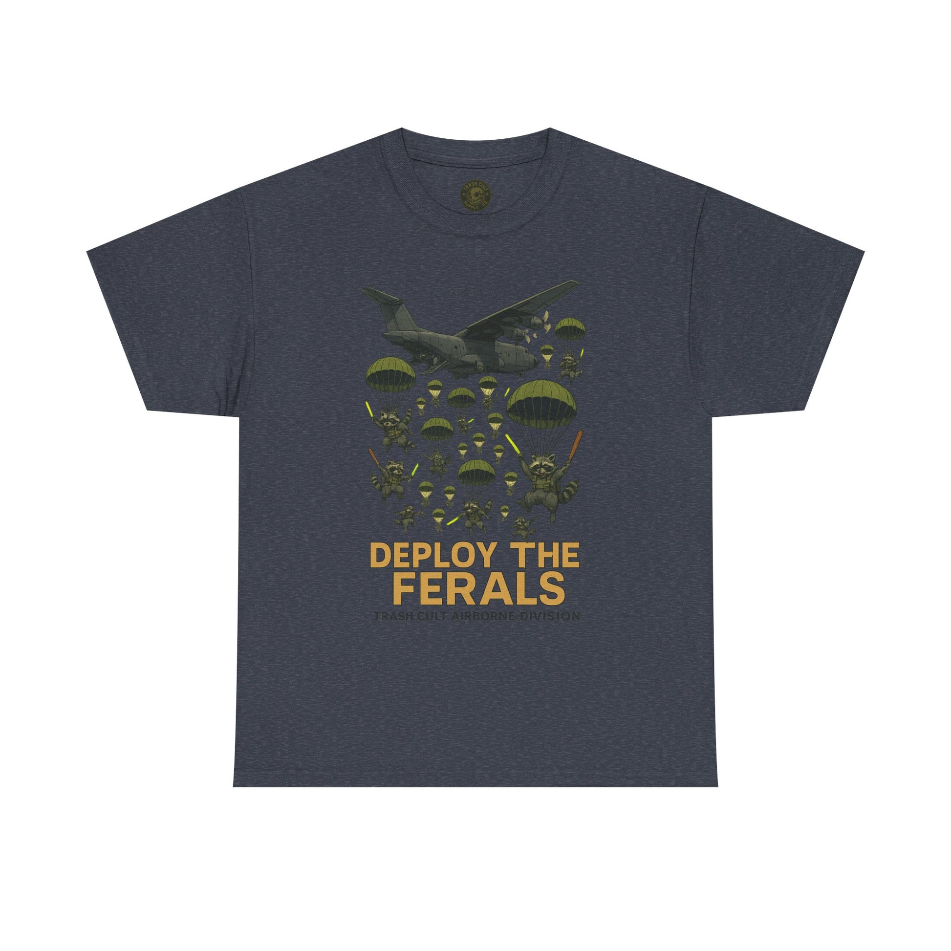 Deploy the Ferals T-Shirt – Airborne Raccoon Drop Graphic | Trash Cult Supply Co. | Gildan 5000 Heavy Cotton Tee