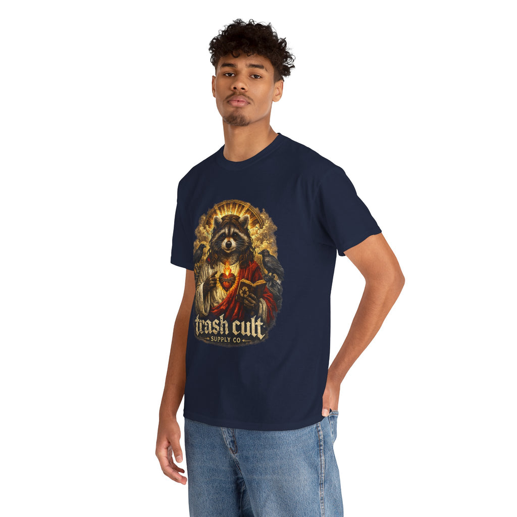 Raccoon Saint Graphic Tee — “Trash Cult” Vintage Devotional Design