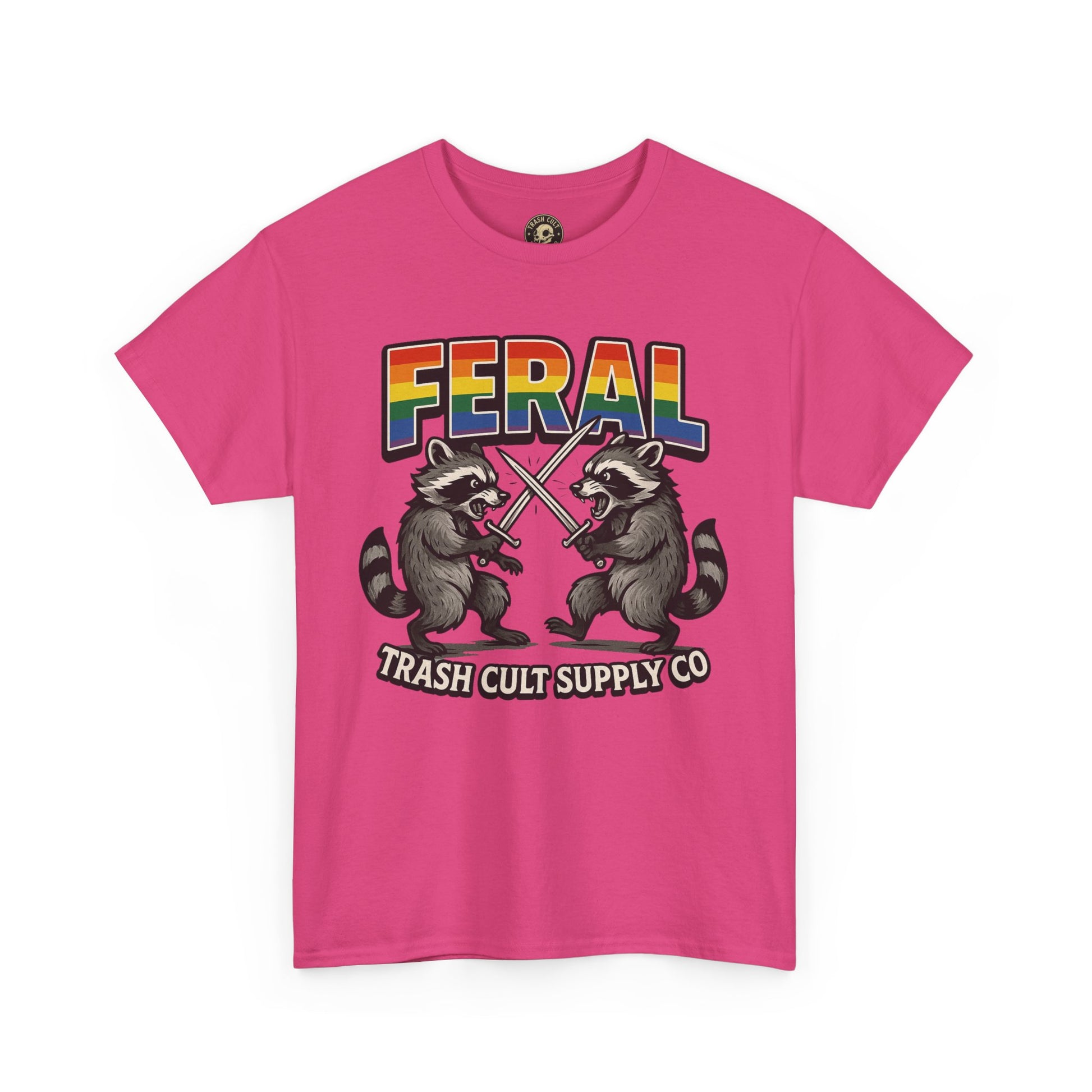 FERAL Rainbow Raccoon Sword Fighting Graphic Tee – Gildan 5000 Heavy Cotton