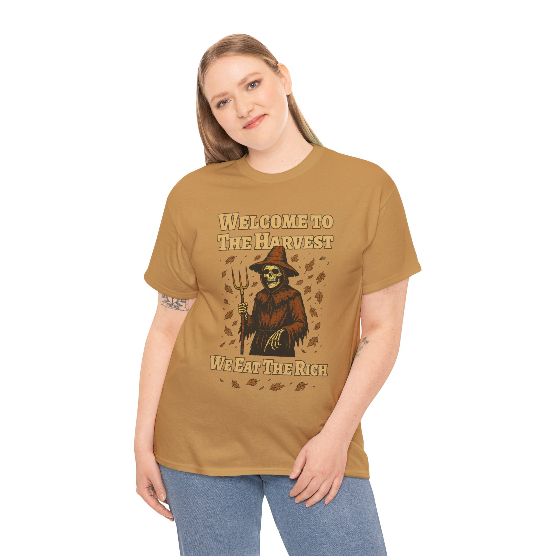 Eat the Rich Shirt – Welcome to the Harvest Skeleton Scarecrow Tee – Fall of Humanity Collection – Trash Cult Supply Co.