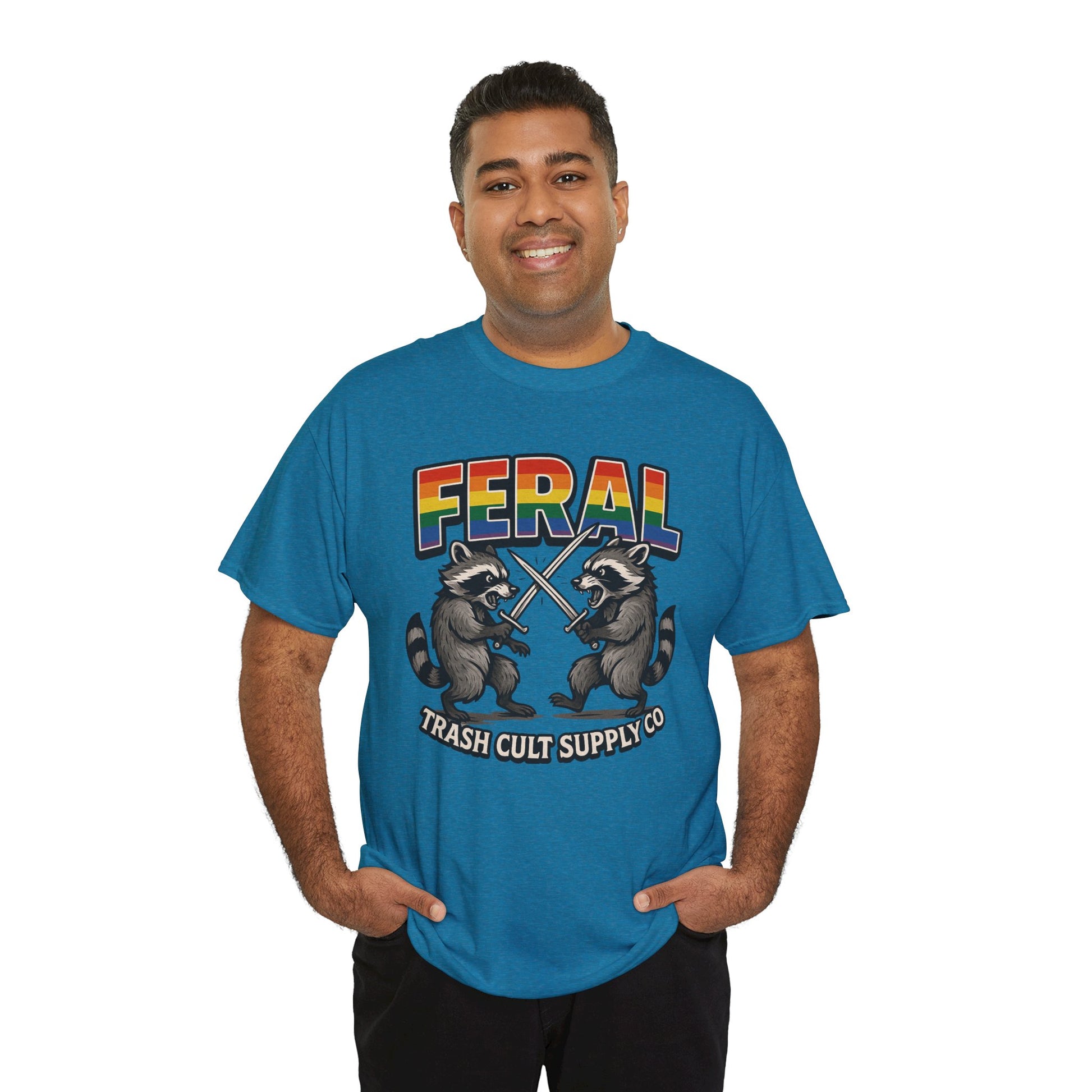 FERAL Rainbow Raccoon Sword Fighting Graphic Tee – Gildan 5000 Heavy Cotton