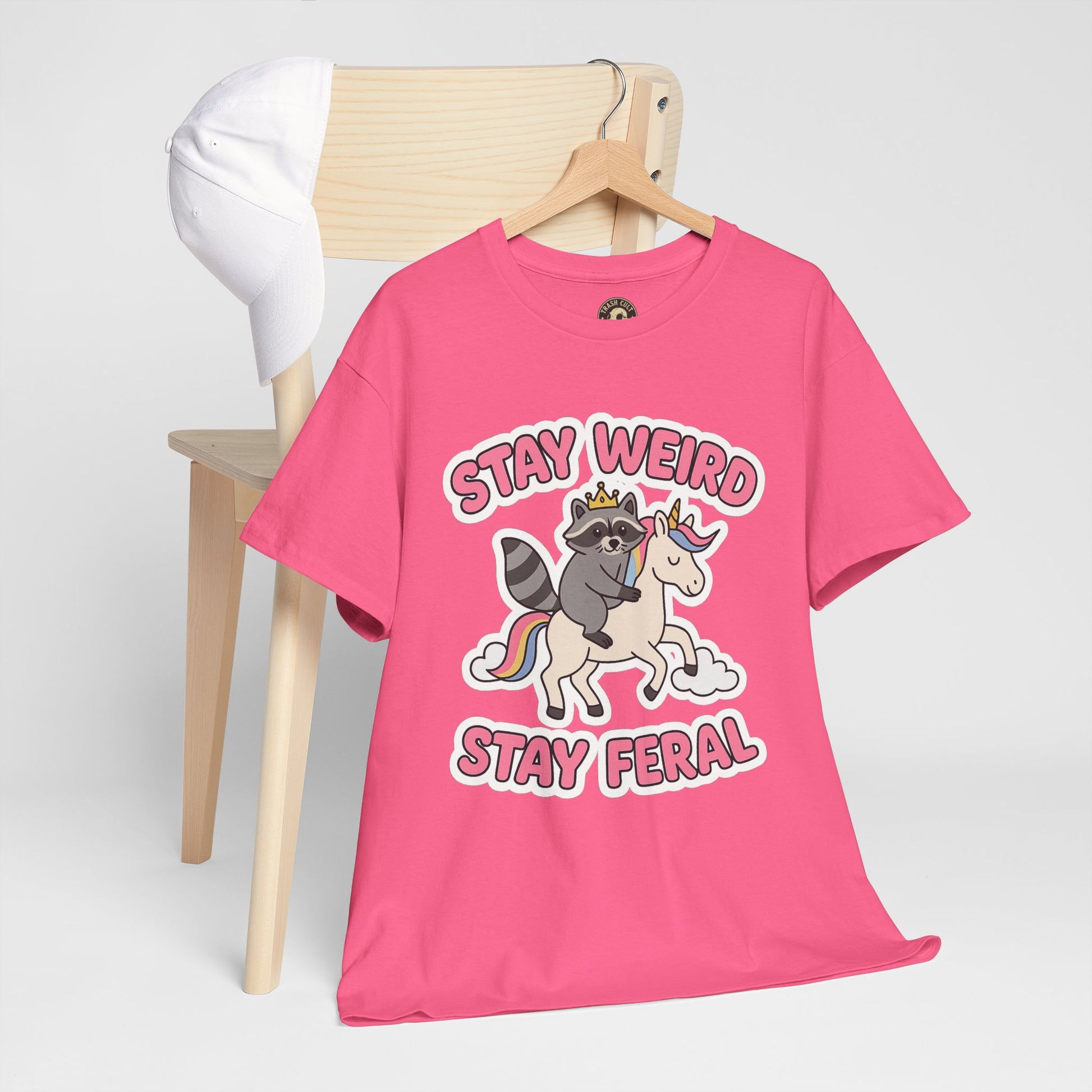 Stay Weird Stay Feral Shirt – Raccoon & Unicorn – High Visibility Gildan 5000 Tee