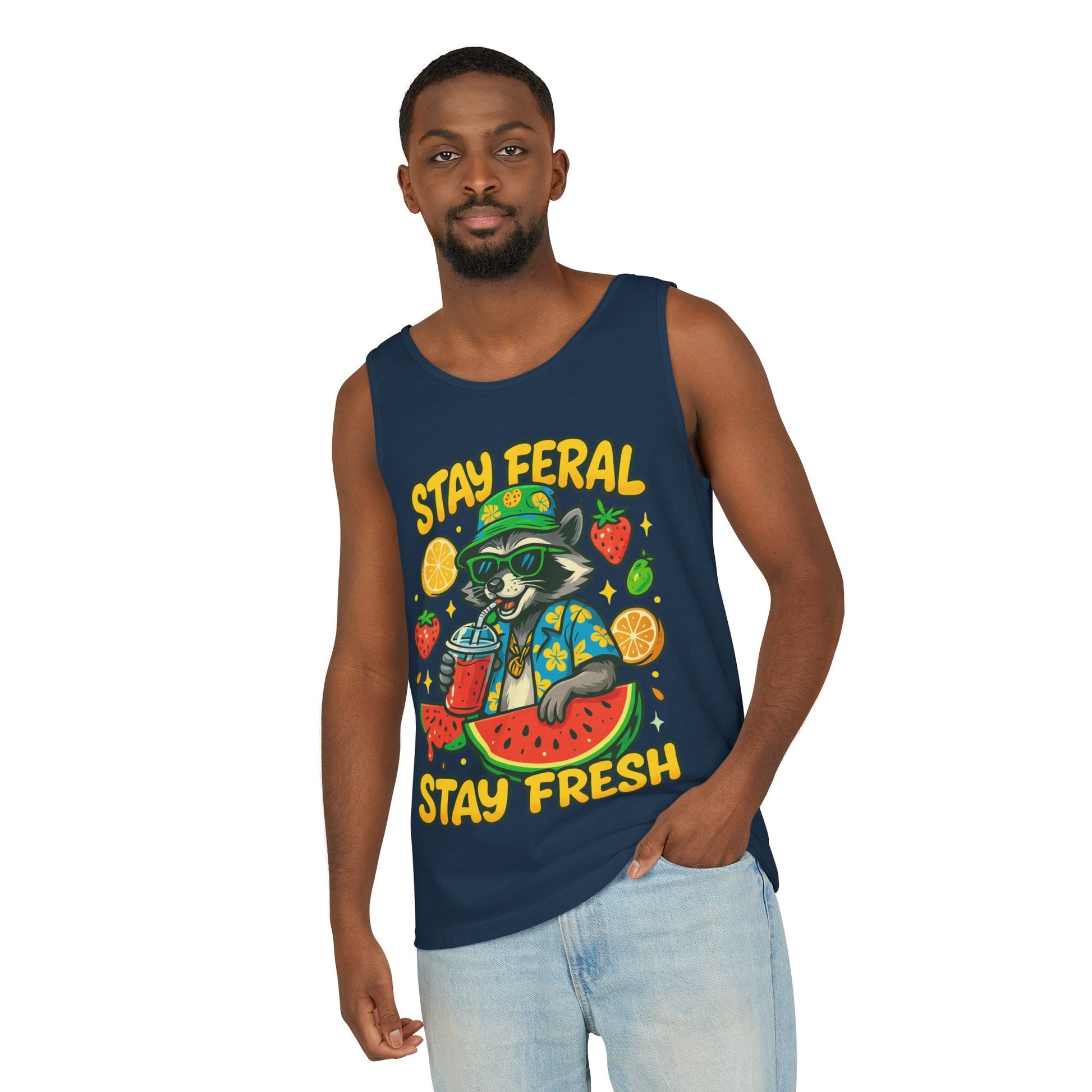 Stay Feral Stay Fresh Tank Top, Summer Apparel, Unisex Graphic Tee, Beachwear, Fun Gift for Animal Lovers