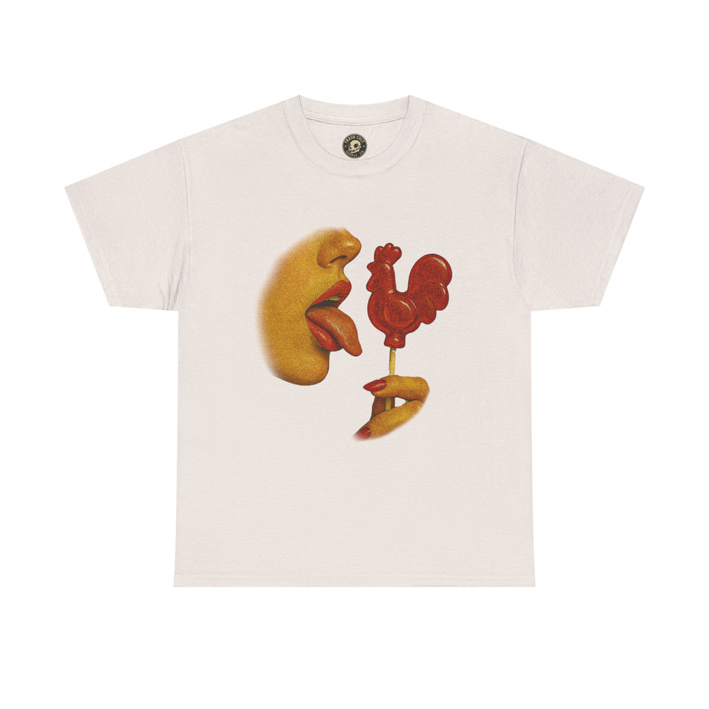 Bold Retro Halftone Tease – Red Rooster Lollipop Graphic Tee