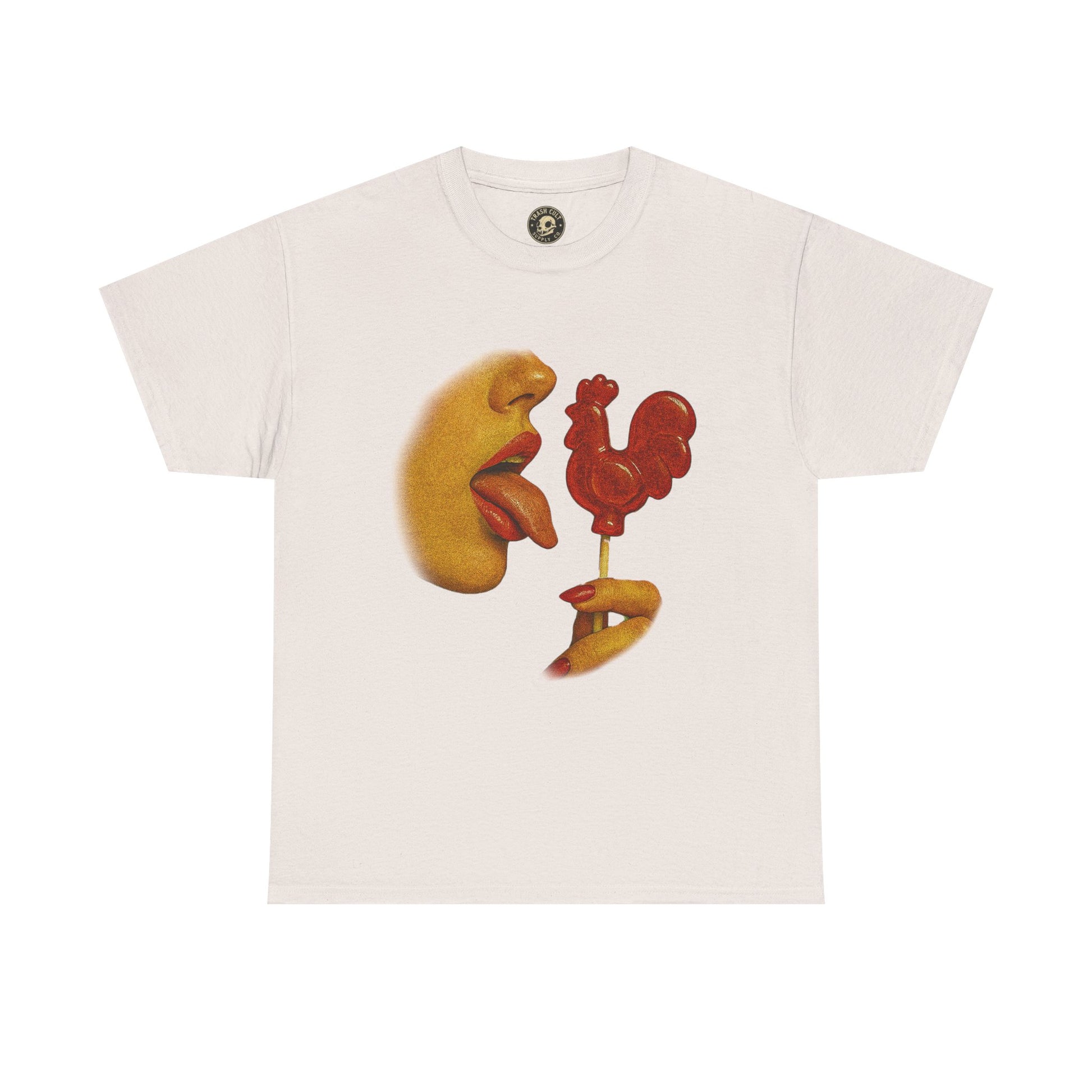 Bold Retro Halftone Tease – Red Rooster Lollipop Graphic Tee