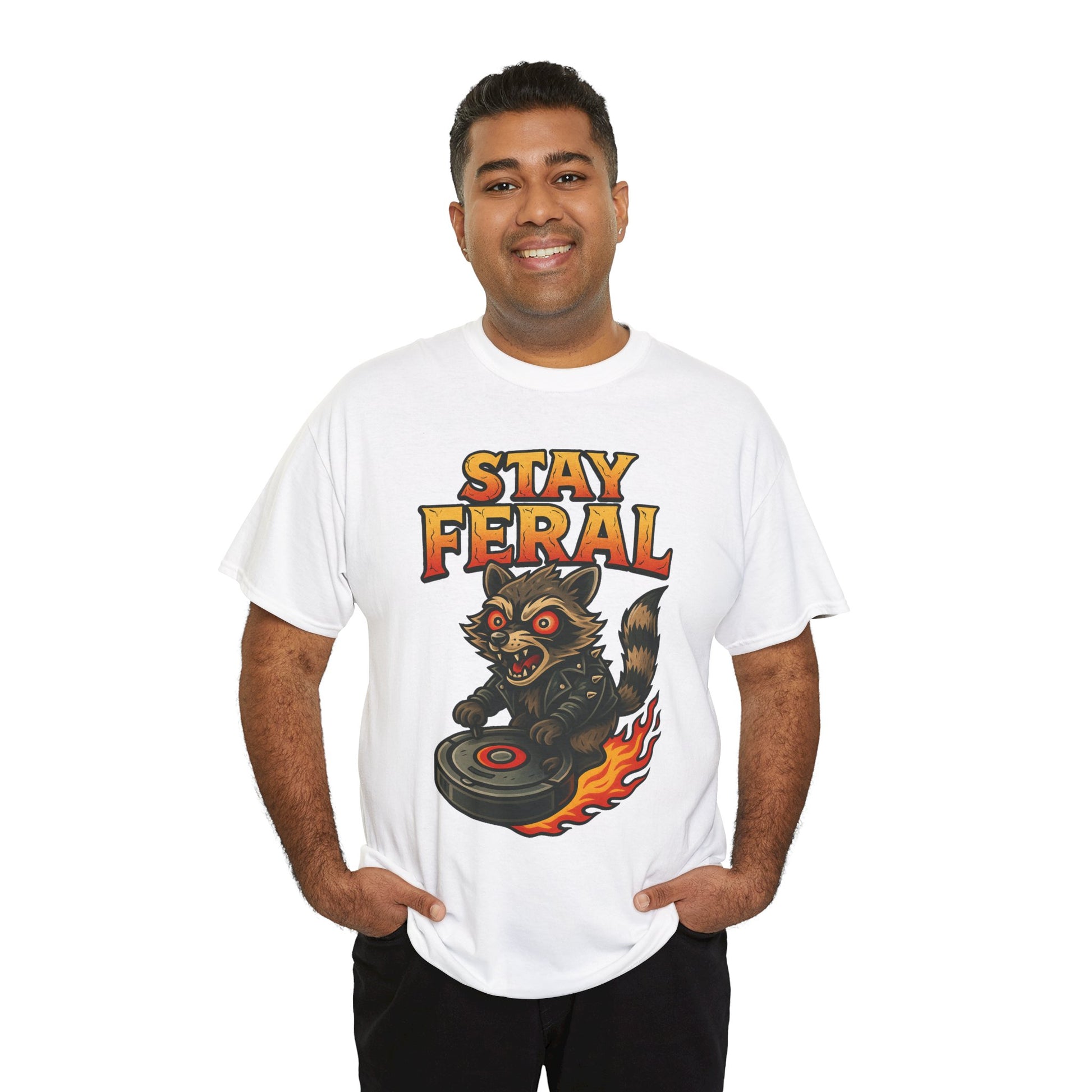 Stay Feral Roomba Raccoon T-Shirt – Bold New School Tattoo Style | Trash Cult Supply Co