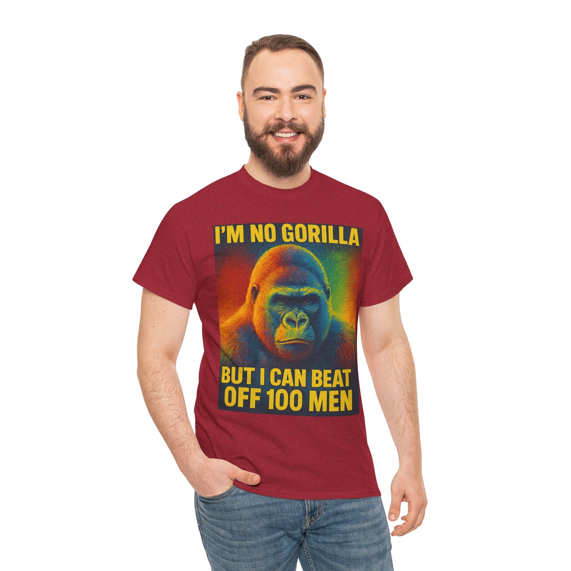 I’m No Gorilla But I Can Beat Off 100 Men Shirt – Multicolor Halftone Gorilla Tee on Gildan 5000