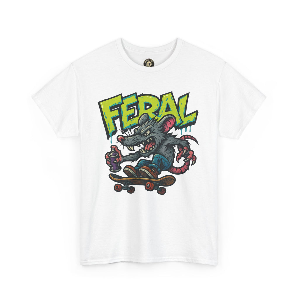 FERAL Graffiti Rat Skate Tee – Street Art Spray Can Mouse on Skateboard | Gildan 5000 Heavy Cotton Shirt