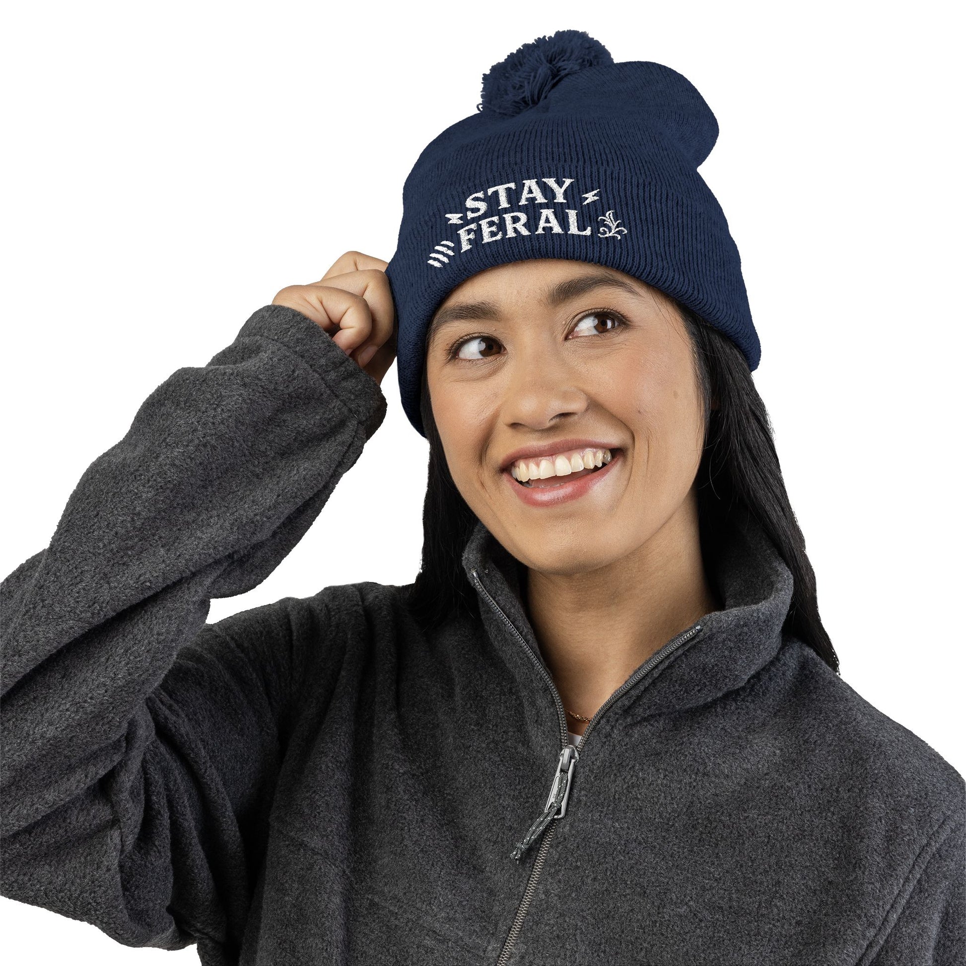 Stay Feral Pom-Pom Knit Cap, Cozy Winter Beanie, Embroidered Hats for Adventurers, Gift for Outdoorsy Friends, Stylish Cold Weather [...]