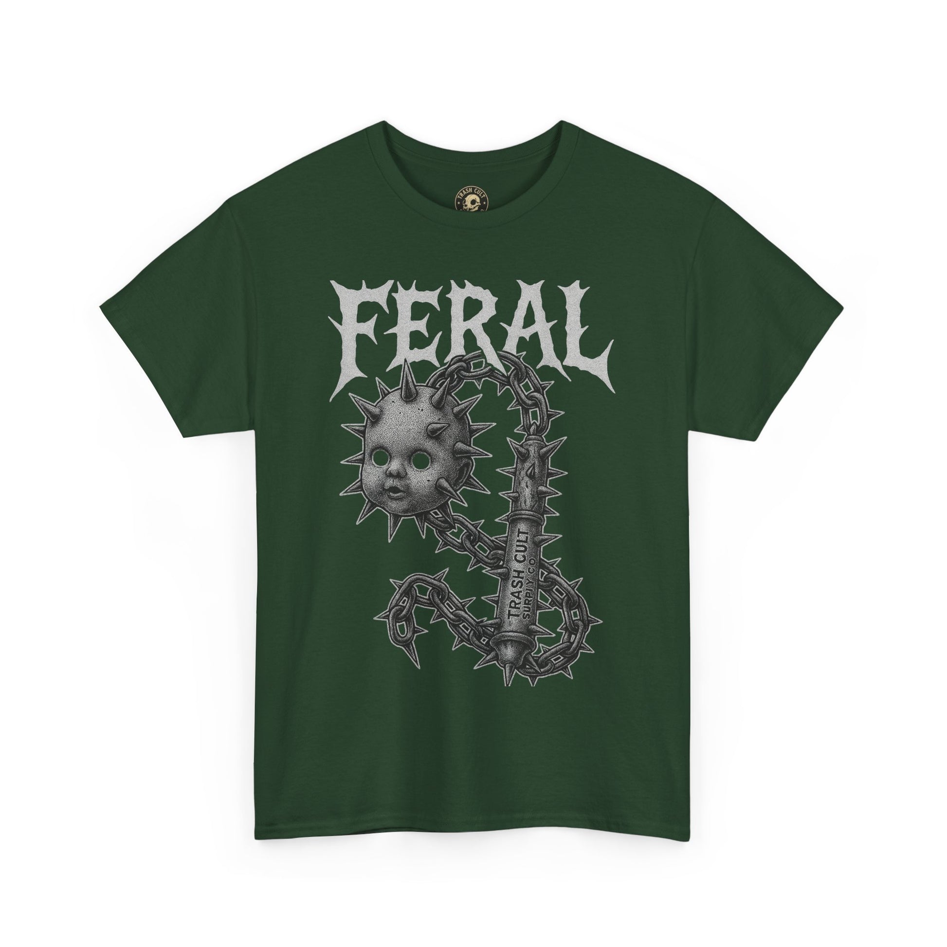 FERAL Spiked Doll Flail Tee – Halftone Gothic Weapon Shirt | Trash Cult Supply Co. | Gildan 5000