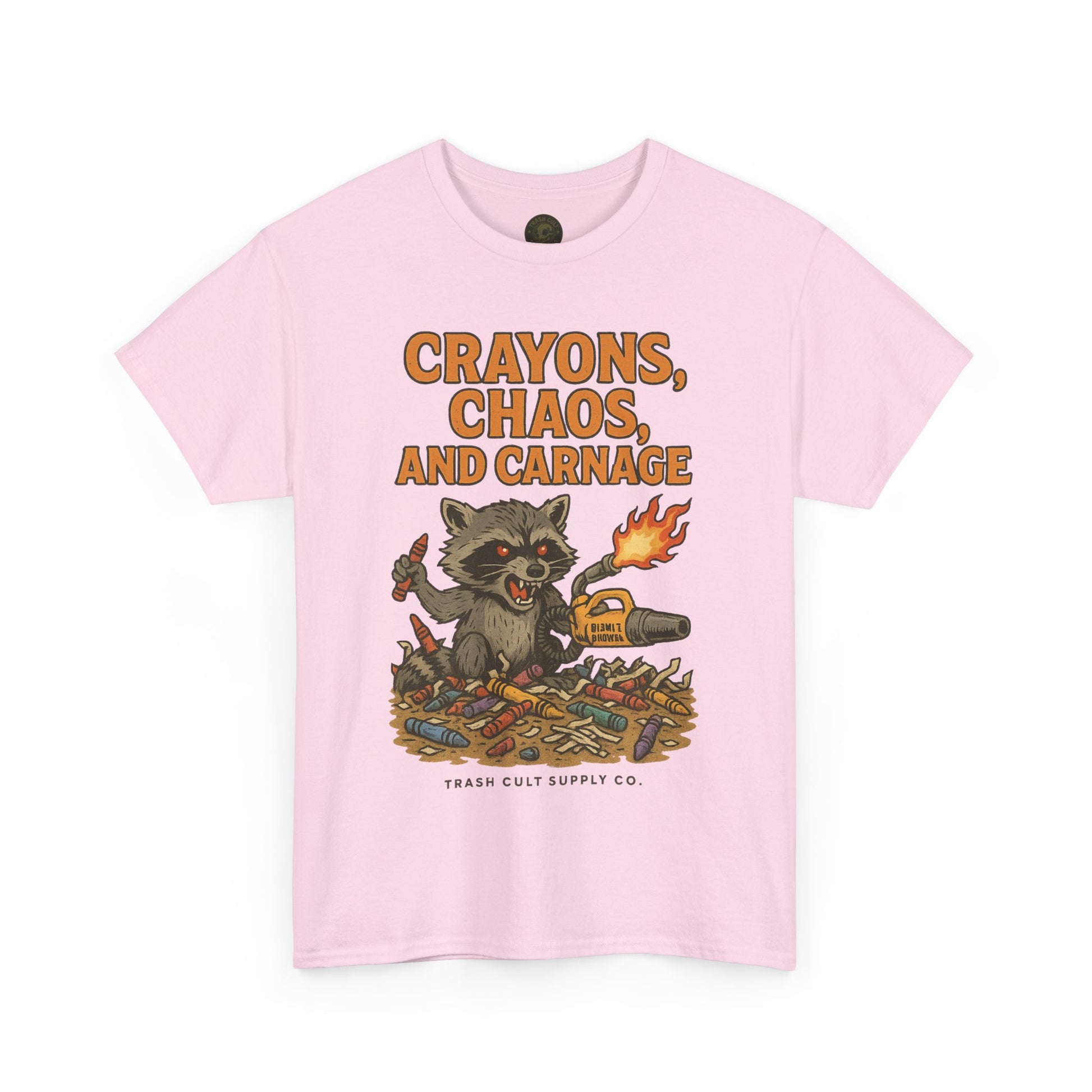 Crayons, Chaos, and Carnage T-Shirt – Dark Humor Raccoon Graphic | Trash Cult Supply Co. | Gildan 5000 Tee