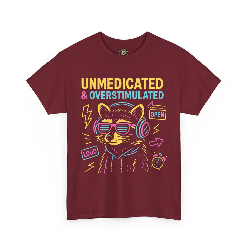 Unmedicated & Overstimulated Neon Raccoon ADHD Shirt – Trash Cult Supply Co. – Gildan 5000