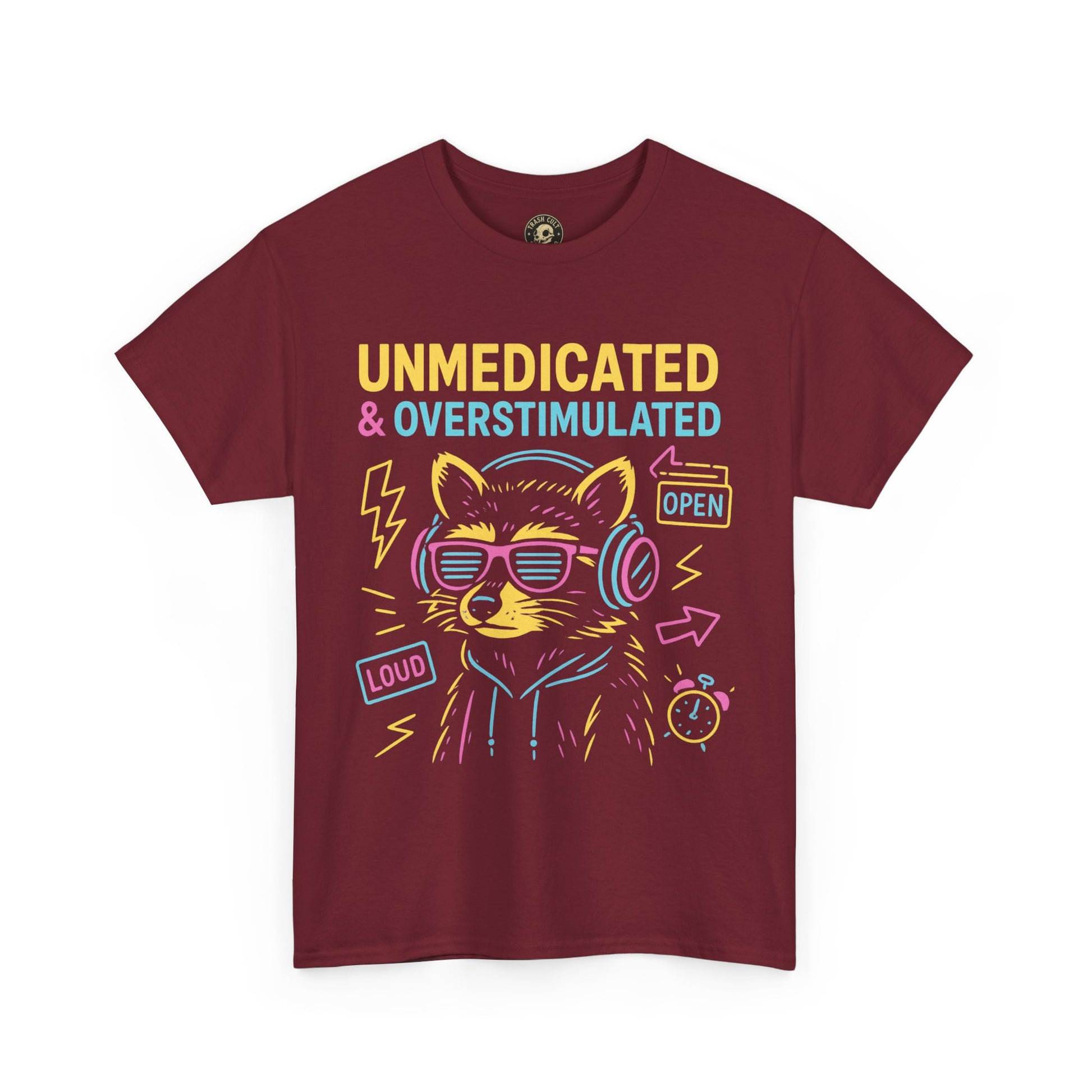 Unmedicated & Overstimulated Neon Raccoon ADHD Shirt – Trash Cult Supply Co. – Gildan 5000