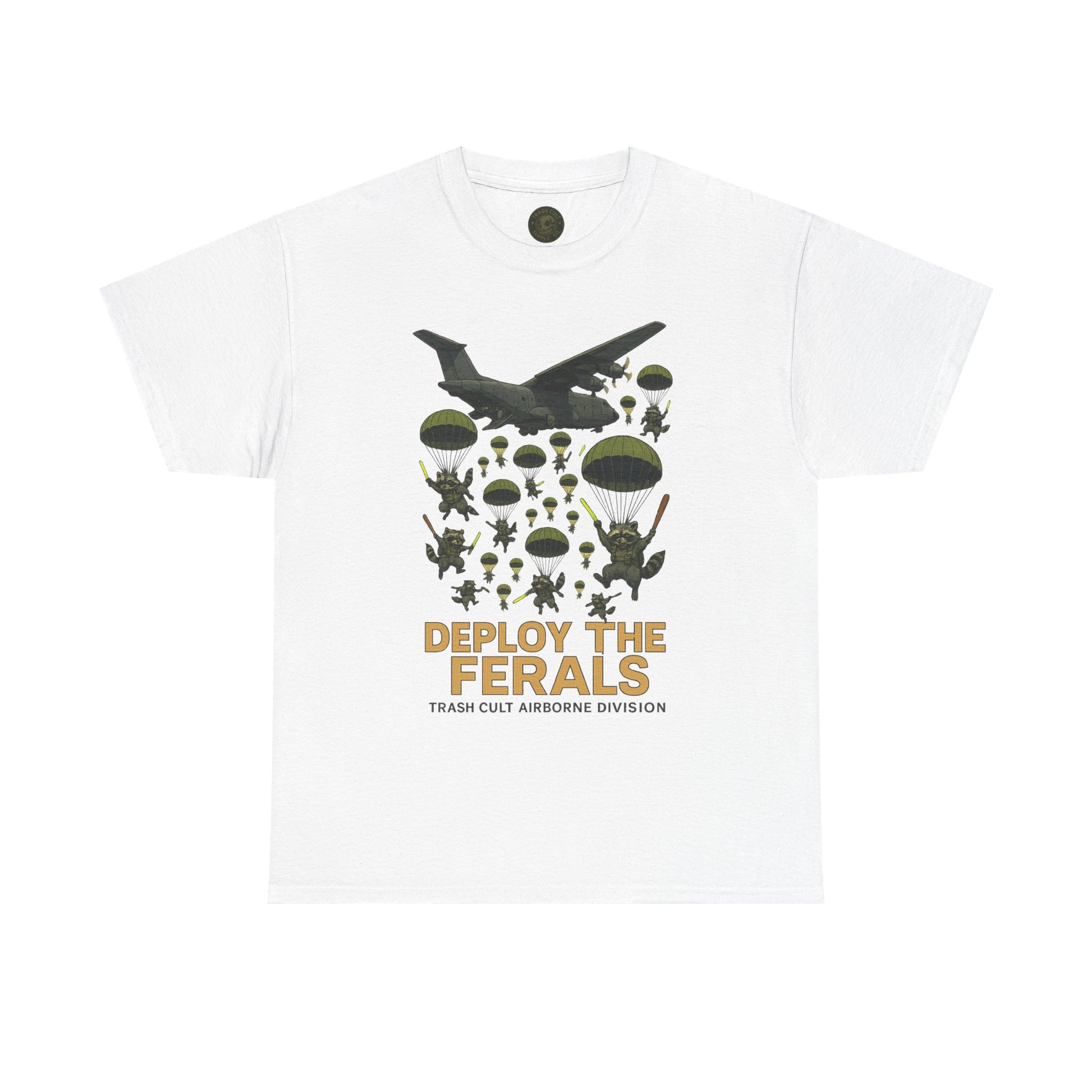 Deploy the Ferals T-Shirt – Airborne Raccoon Drop Graphic | Trash Cult Supply Co. | Gildan 5000 Heavy Cotton Tee