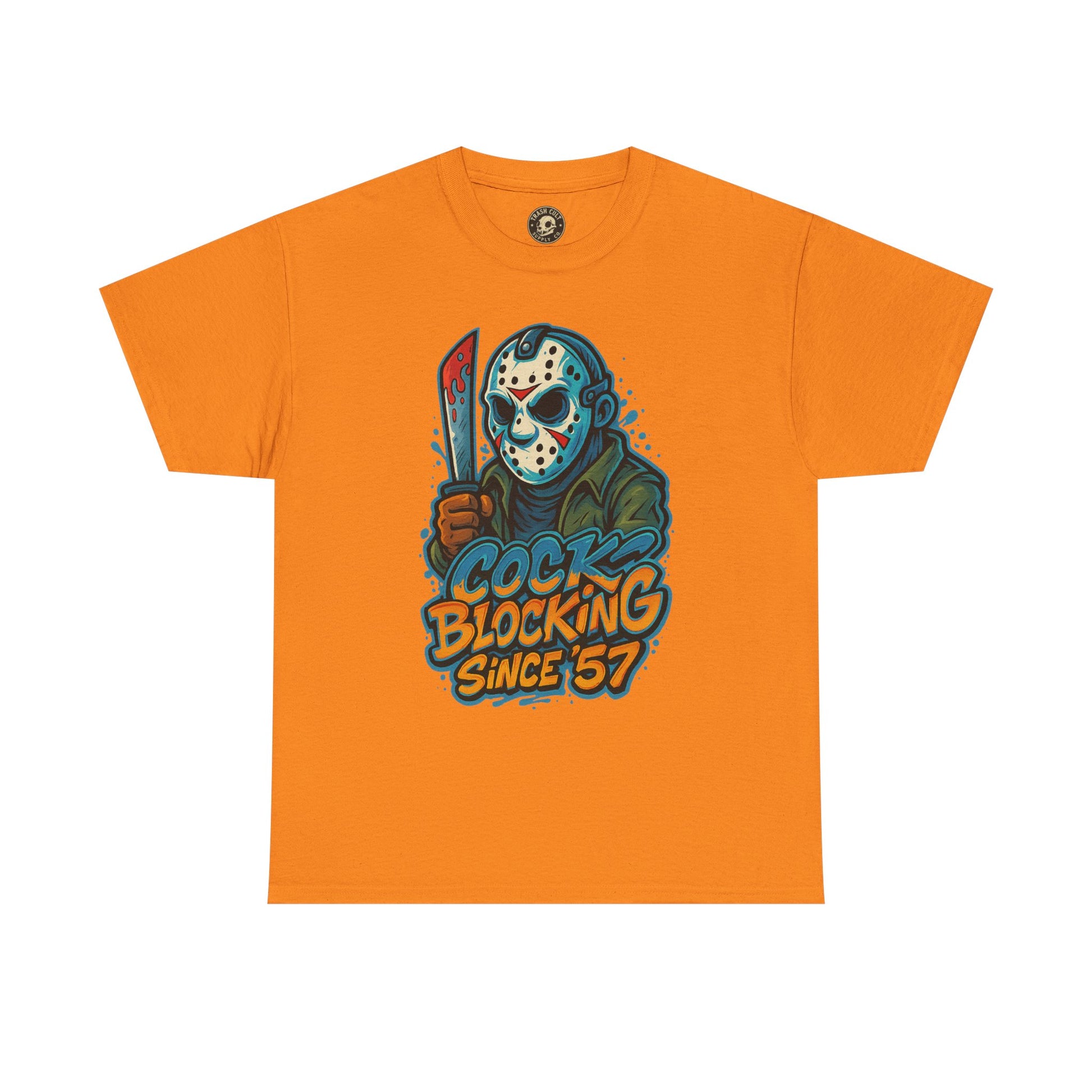 Jason Voorhees “Cock Blocking Since ’57” Funny Horror T-Shirt – Gildan 5000 | Slasher Meme Graphic Tee