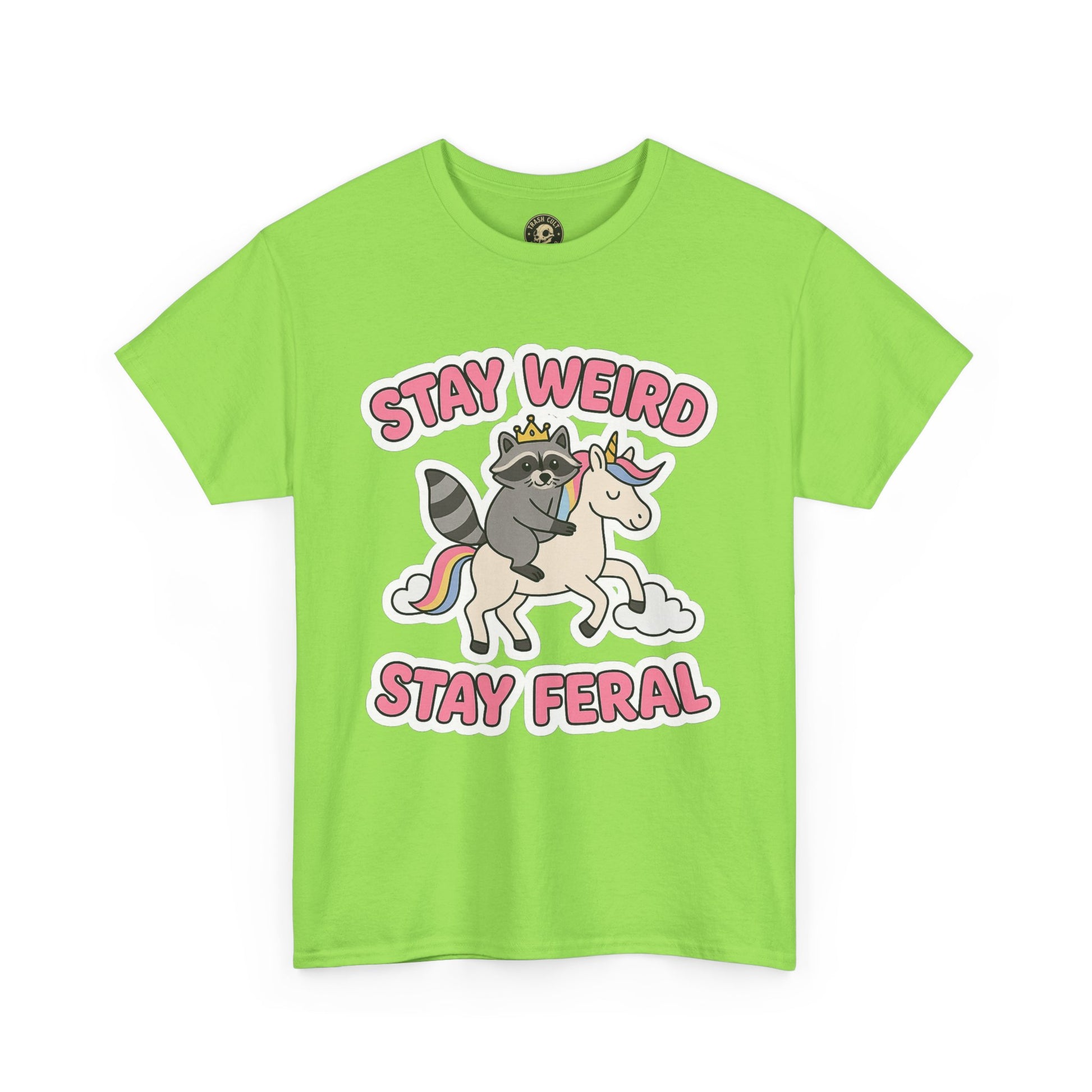 Stay Weird Stay Feral Shirt – Raccoon & Unicorn – High Visibility Gildan 5000 Tee