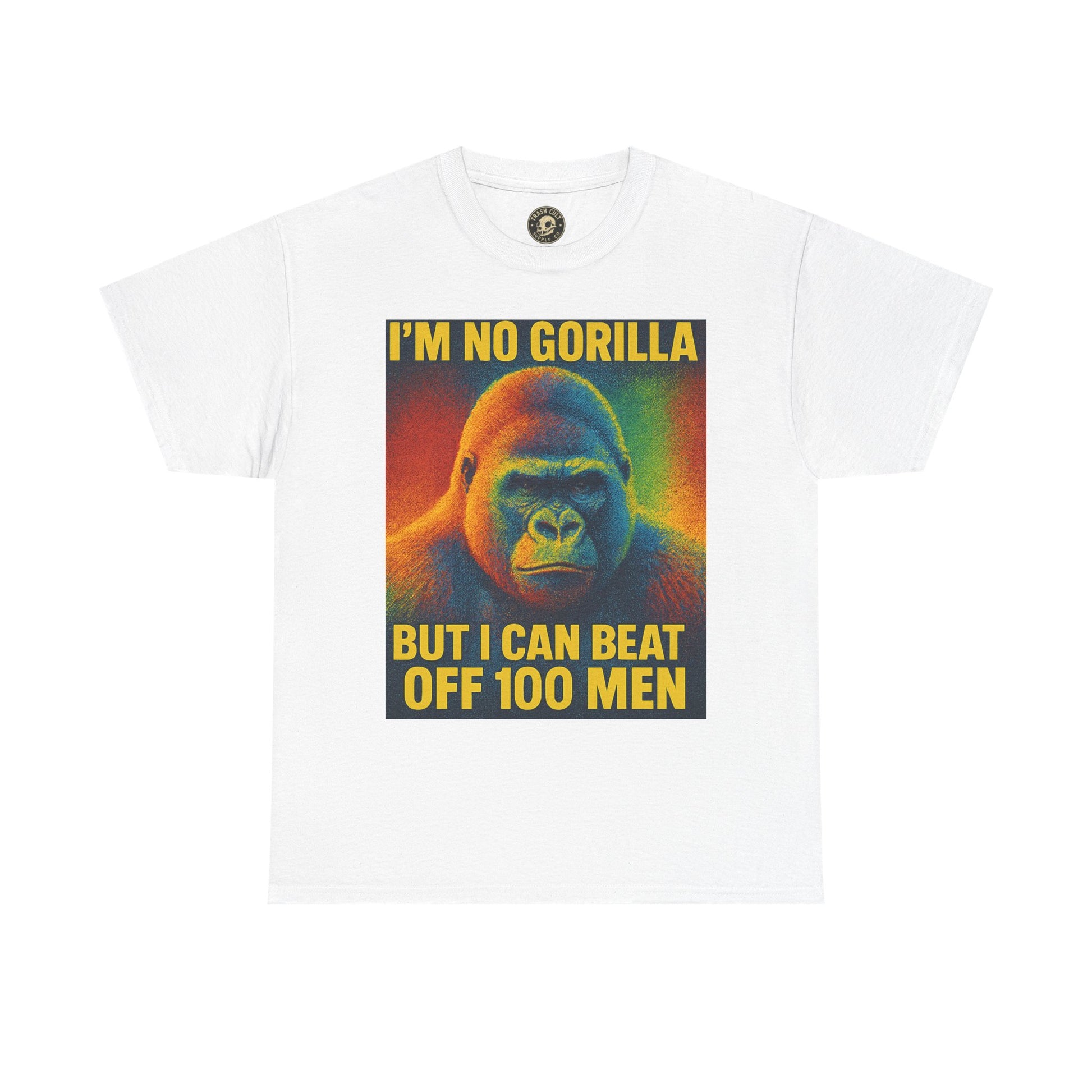 I’m No Gorilla But I Can Beat Off 100 Men Shirt – Multicolor Halftone Gorilla Tee on Gildan 5000