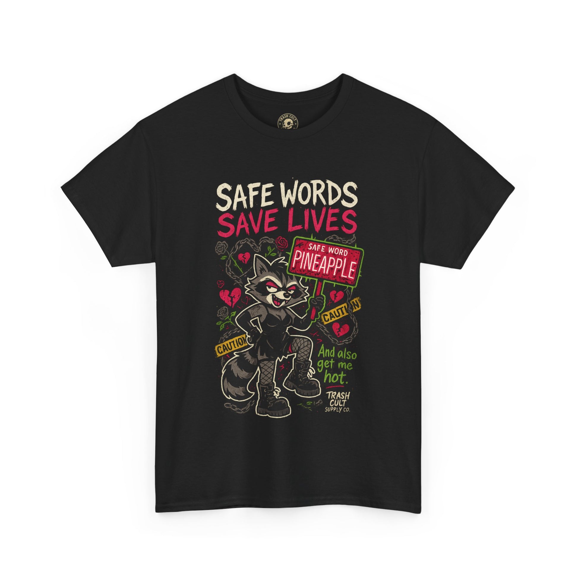 Safe Words Save Lives Tee – Trashcore BDSM Humor Shirt, Pineapple Consent Raccoon Graphic – Gildan 5000 Unisex Heavy Cotton