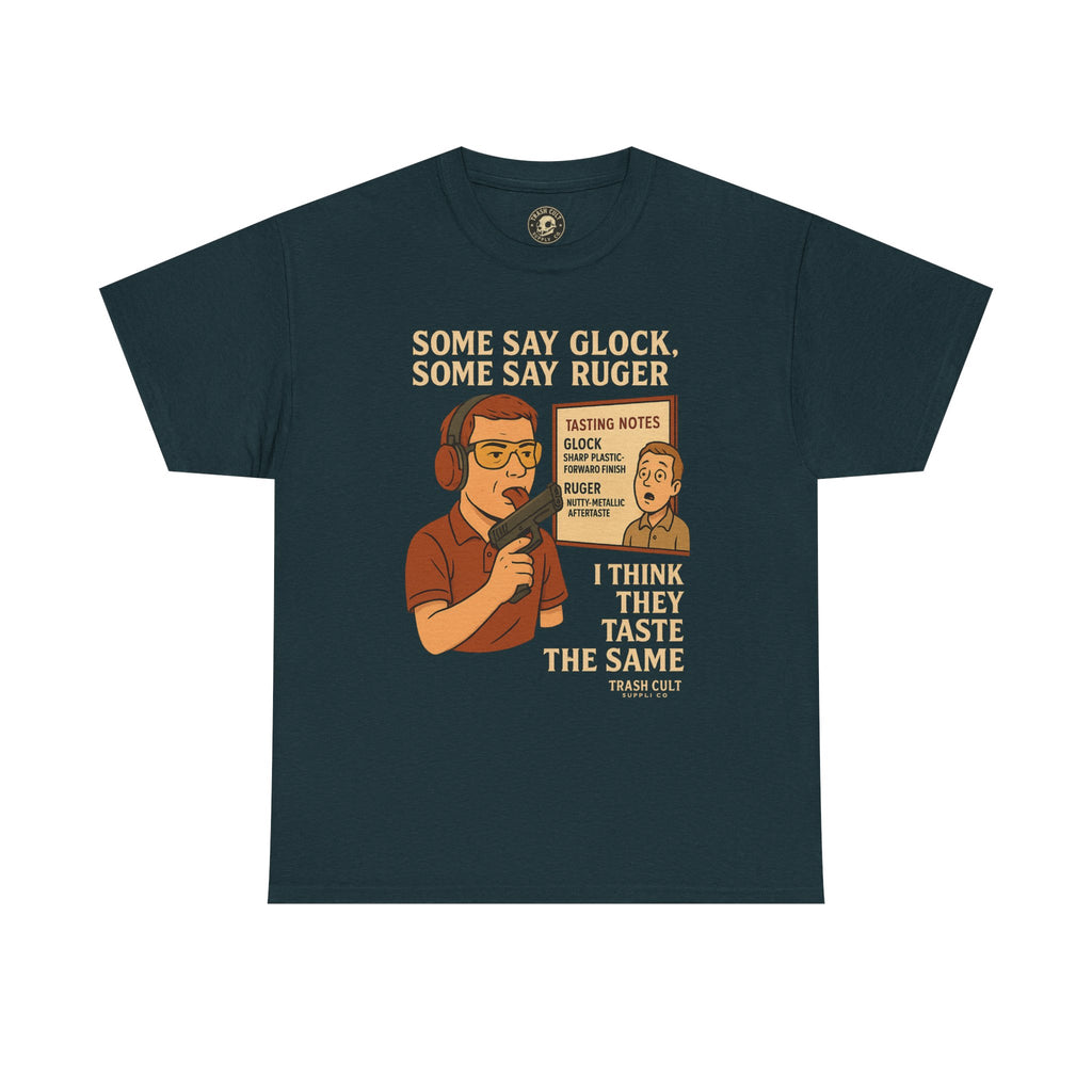 Glock vs Ruger Mouthfeel Shirt – Funny Gun Show Parody Tee | Dark Humor Firearm Tasting Notes Shirt