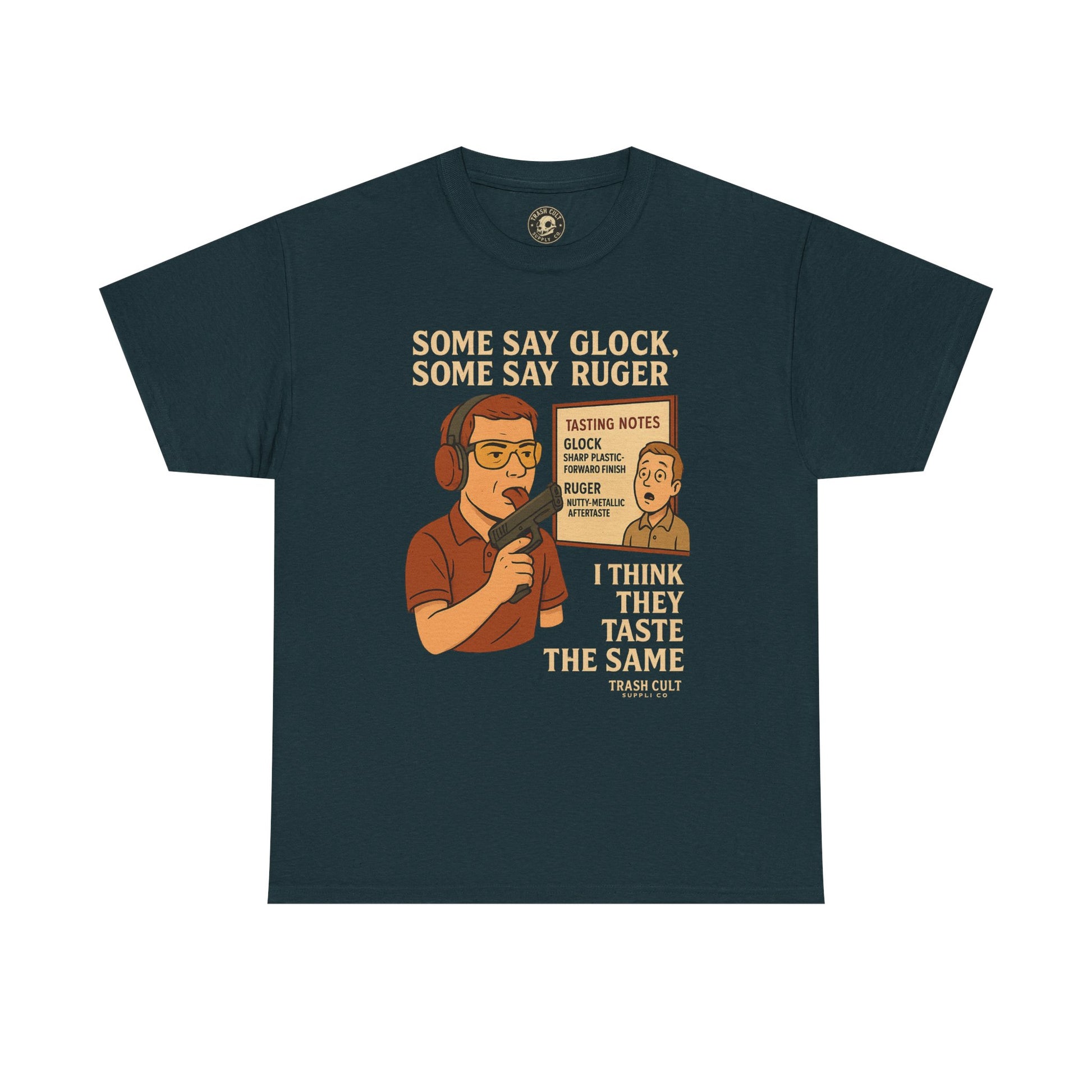 Glock vs Ruger Mouthfeel Shirt – Funny Gun Show Parody Tee | Dark Humor Firearm Tasting Notes Shirt