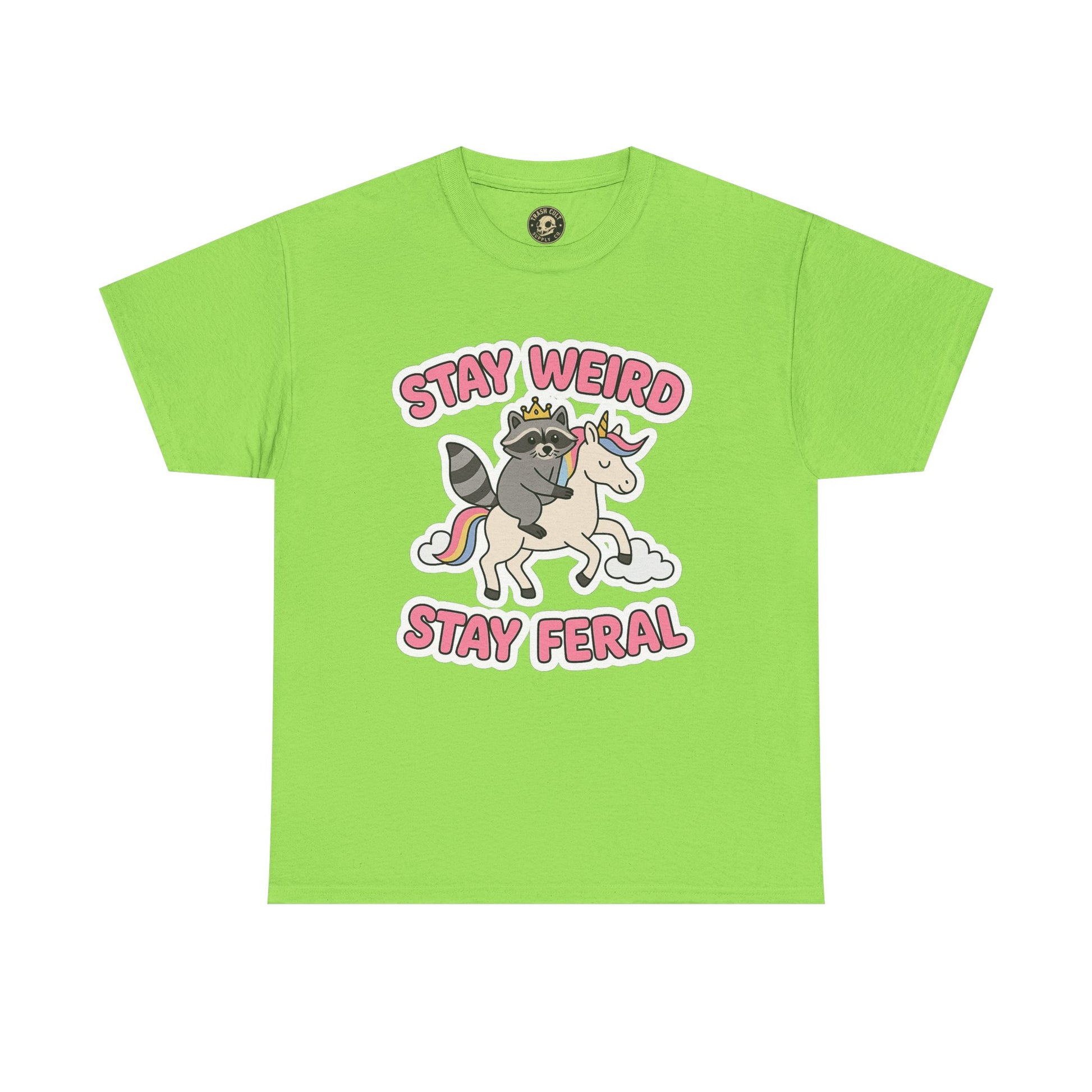 Stay Weird Stay Feral Shirt – Raccoon & Unicorn – High Visibility Gildan 5000 Tee
