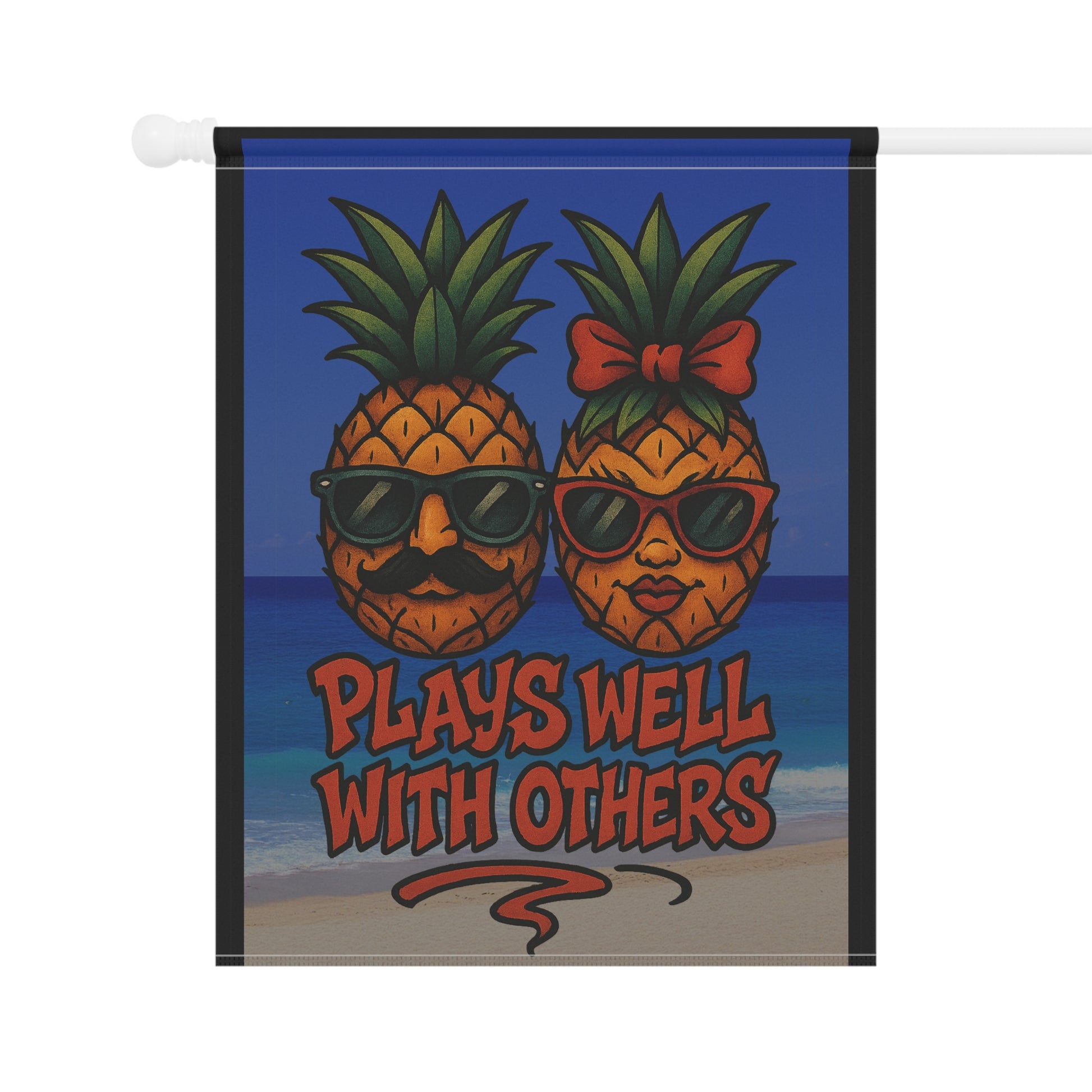 Funny Upside Down Pineapple Garden Flag – “Plays Well With Others” Tropical Banner – New School Tattoo Style
