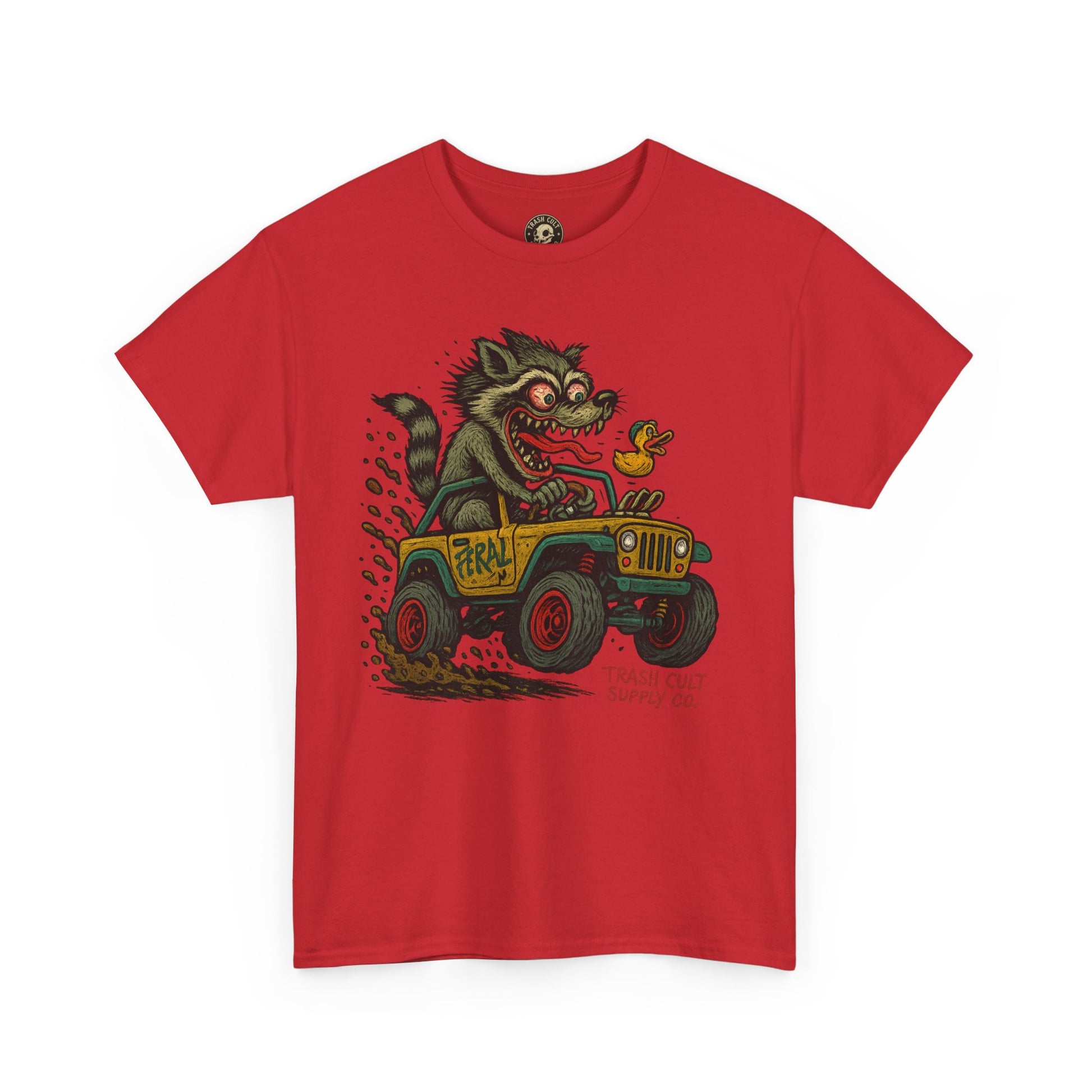 Feral Jeep Raccoon Shirt – Ed Roth Style Off-Road Chaos | Trash Cult Supply Co | Gildan 5000 Tee