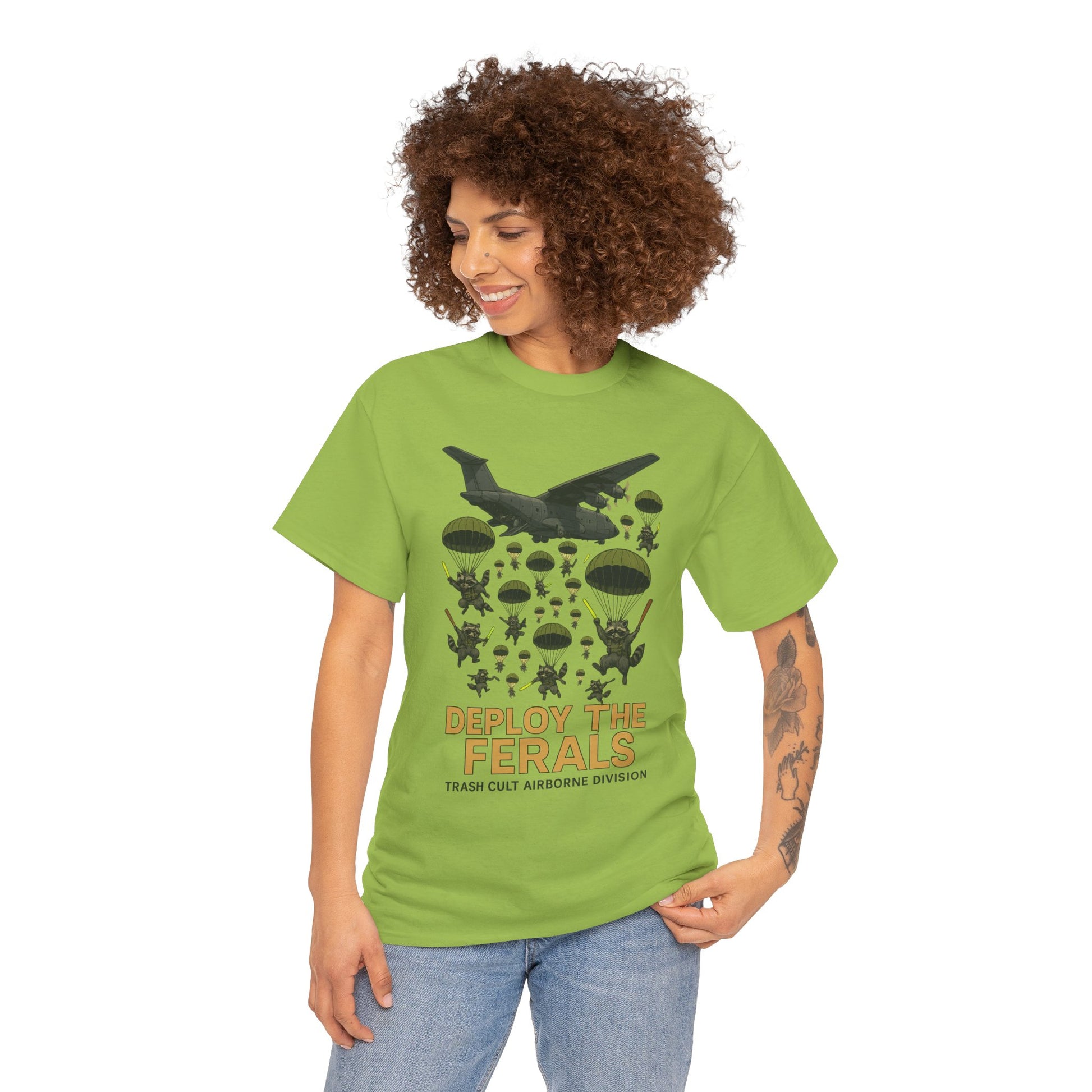 Deploy the Ferals T-Shirt – Airborne Raccoon Drop Graphic | Trash Cult Supply Co. | Gildan 5000 Heavy Cotton Tee