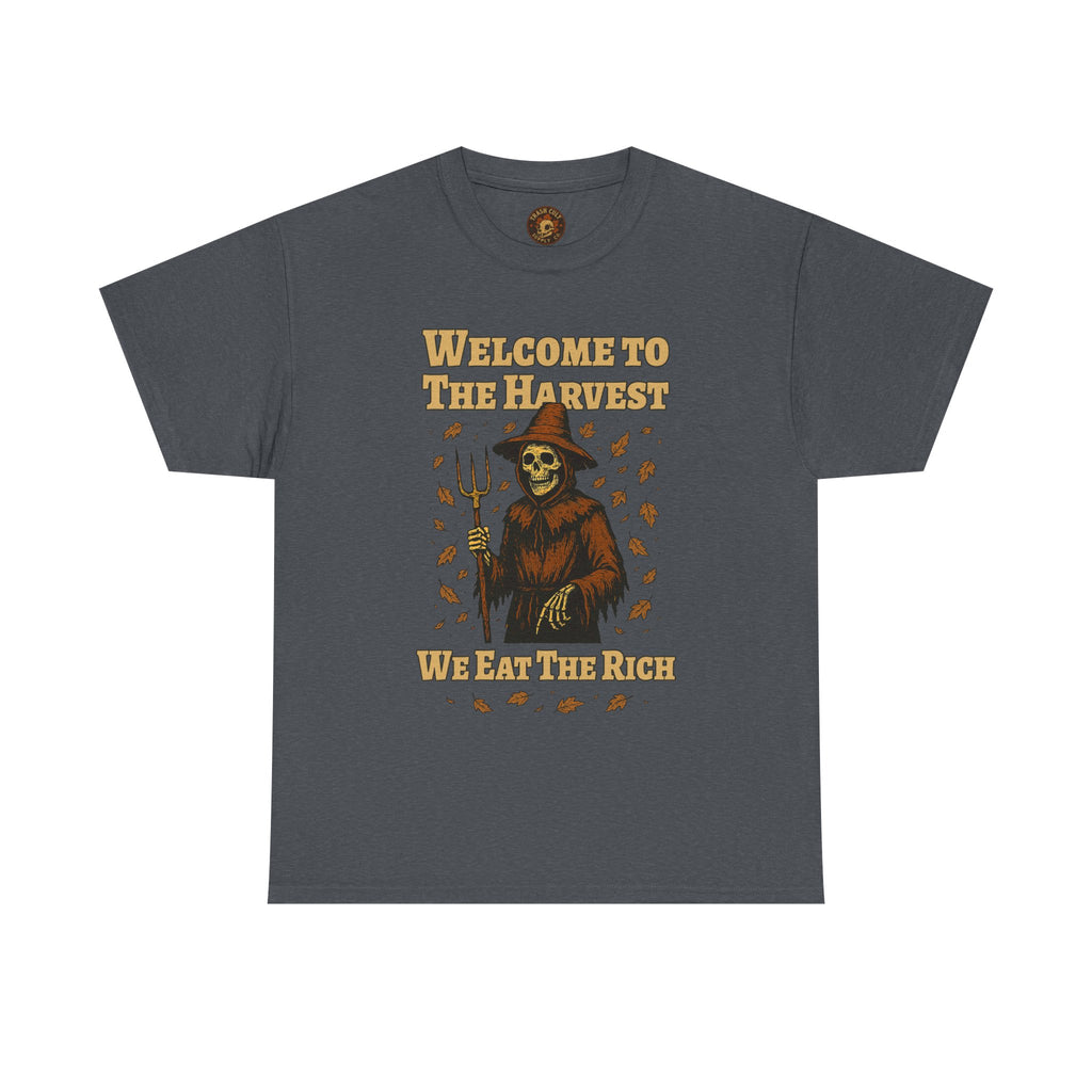 Eat the Rich Shirt – Welcome to the Harvest Skeleton Scarecrow Tee – Fall of Humanity Collection – Trash Cult Supply Co.