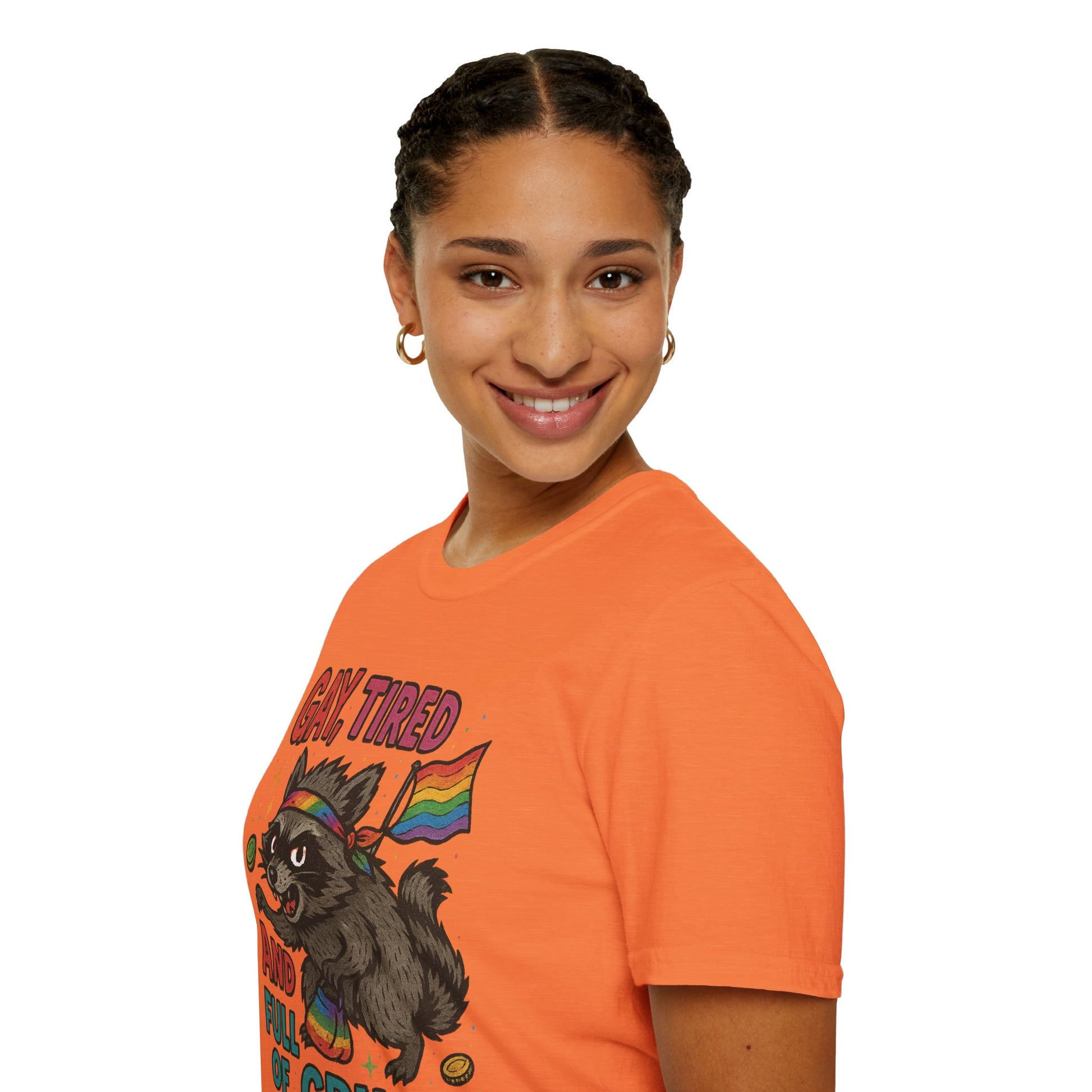 Gay, Tired, and Full of Crimes Raccoon Pride T-Shirt – Gildan Softstyle Unisex Tee