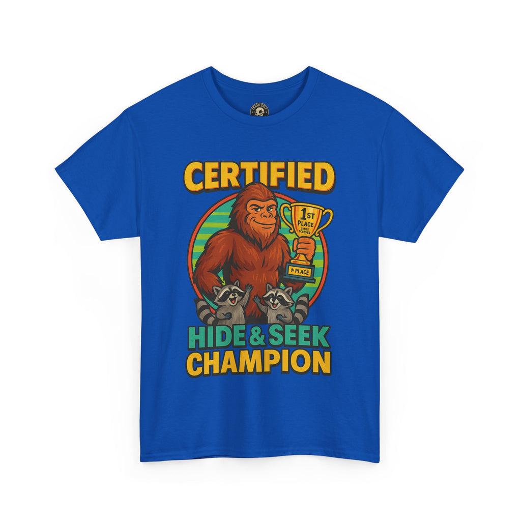Certified Hide & Seek Champion Bigfoot T-Shirt – Funny Cryptid Shirt – Raccoon Forest Meme Tee – Gildan 5000
