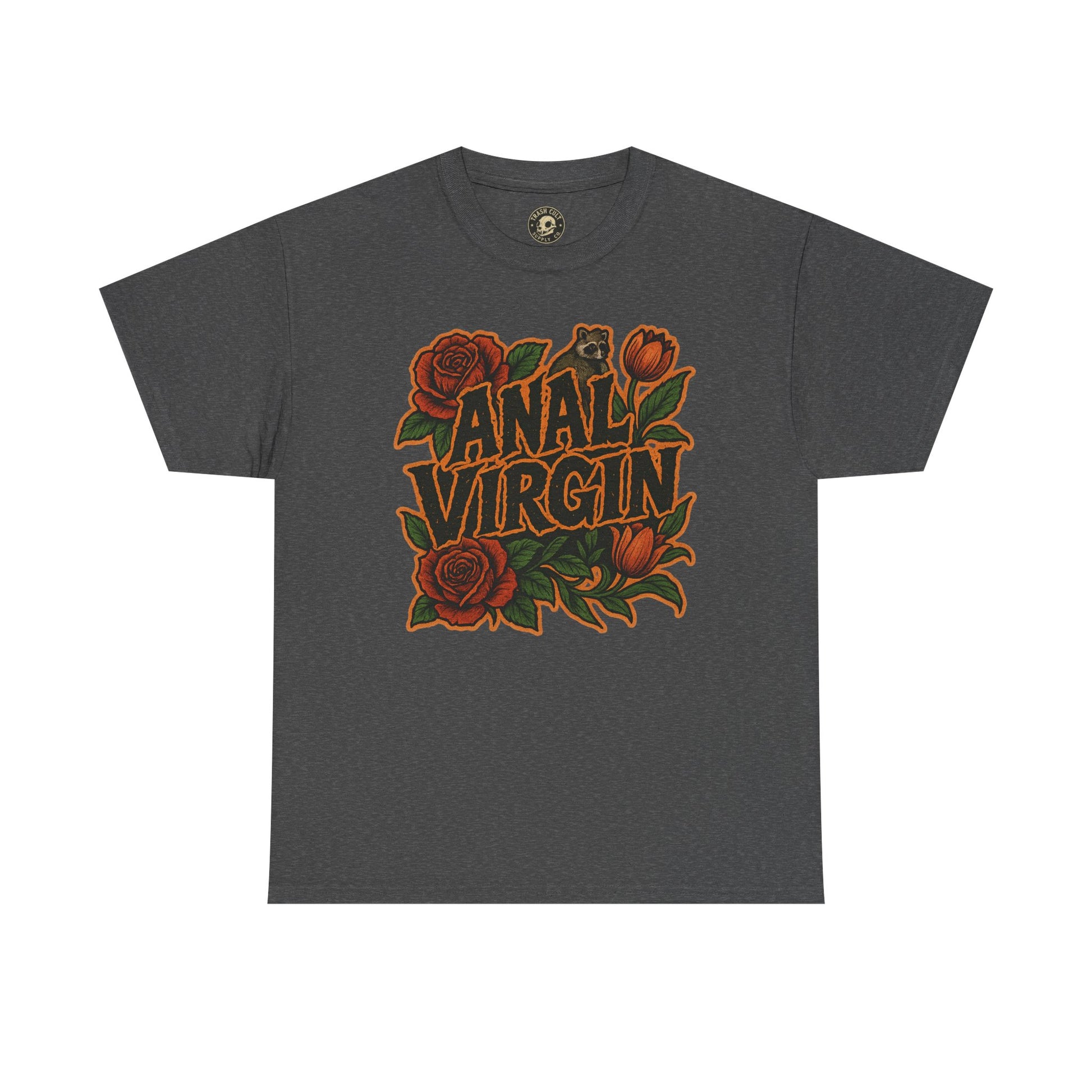 Anal Virgin Bold Floral Trashcore Tee – Funny Raccoon Shirt – Gildan 5000
