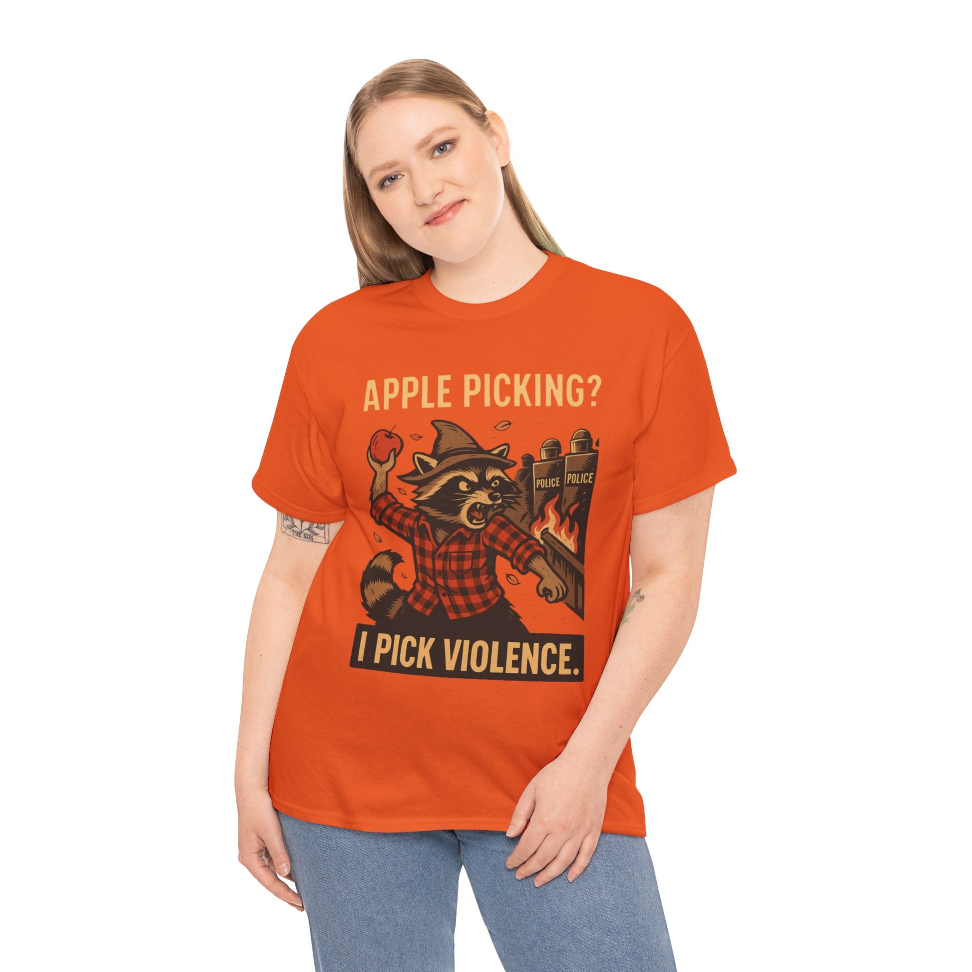Apple Picking? I Pick Violence Shirt – Angry Raccoon Riot Tee – Fall of Humanity Collection – Trash Cult Supply Co.