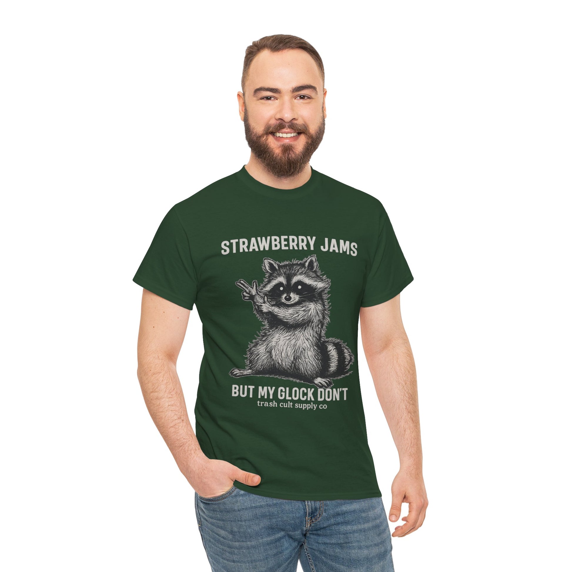 Strawberry Jams But My Glock Don’t Raccoon Shirt – Trash Cult Supply Co. Gildan 5000 Tee