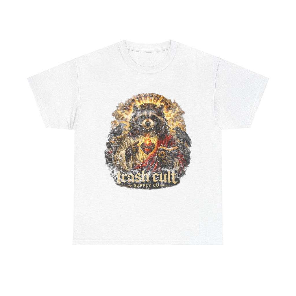 Raccoon Saint Graphic Tee — “Trash Cult” Vintage Devotional Design
