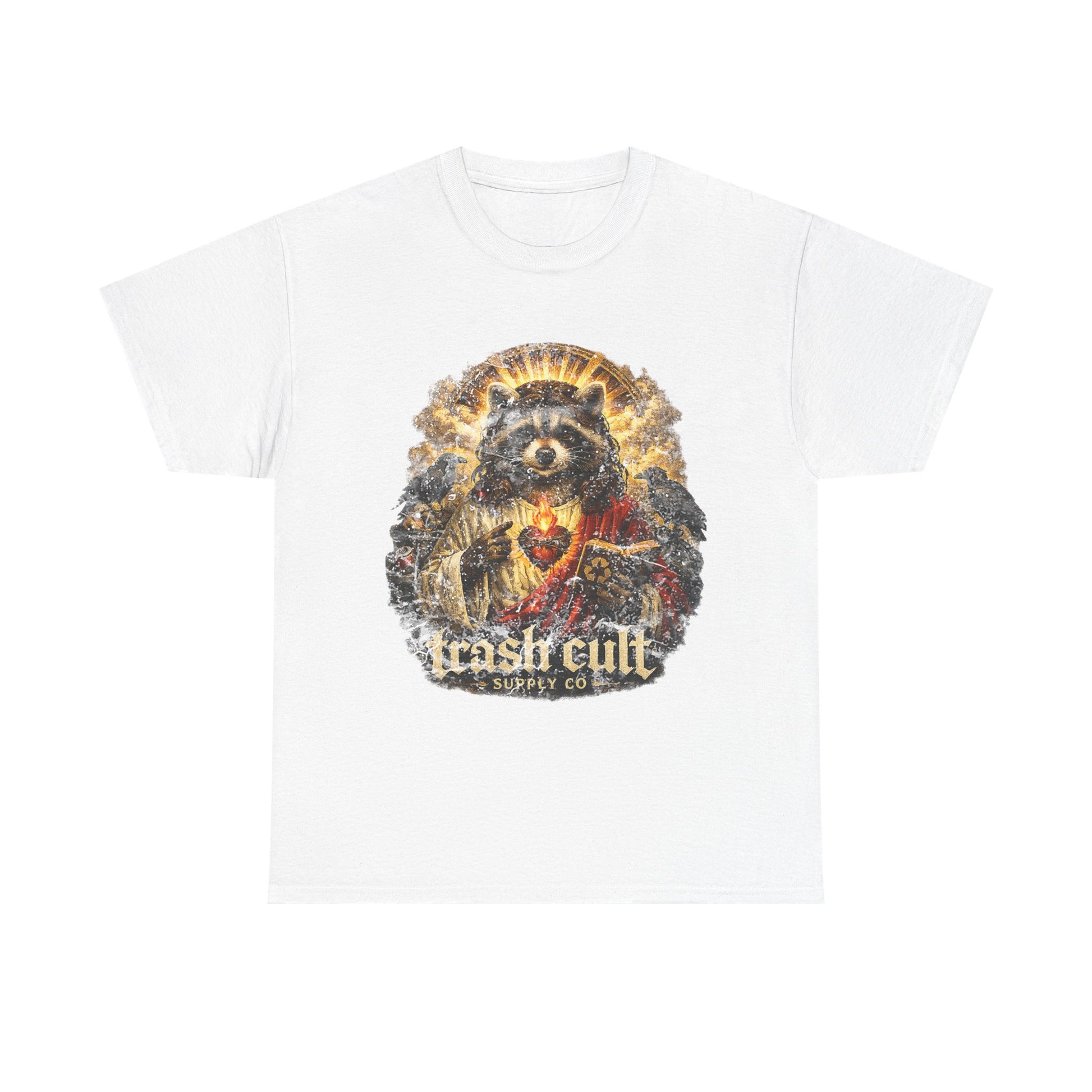 Raccoon Saint Graphic Tee — “Trash Cult” Vintage Devotional Design