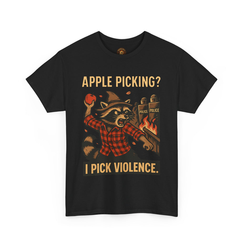 Apple Picking? I Pick Violence Shirt – Angry Raccoon Riot Tee – Fall of Humanity Collection – Trash Cult Supply Co.