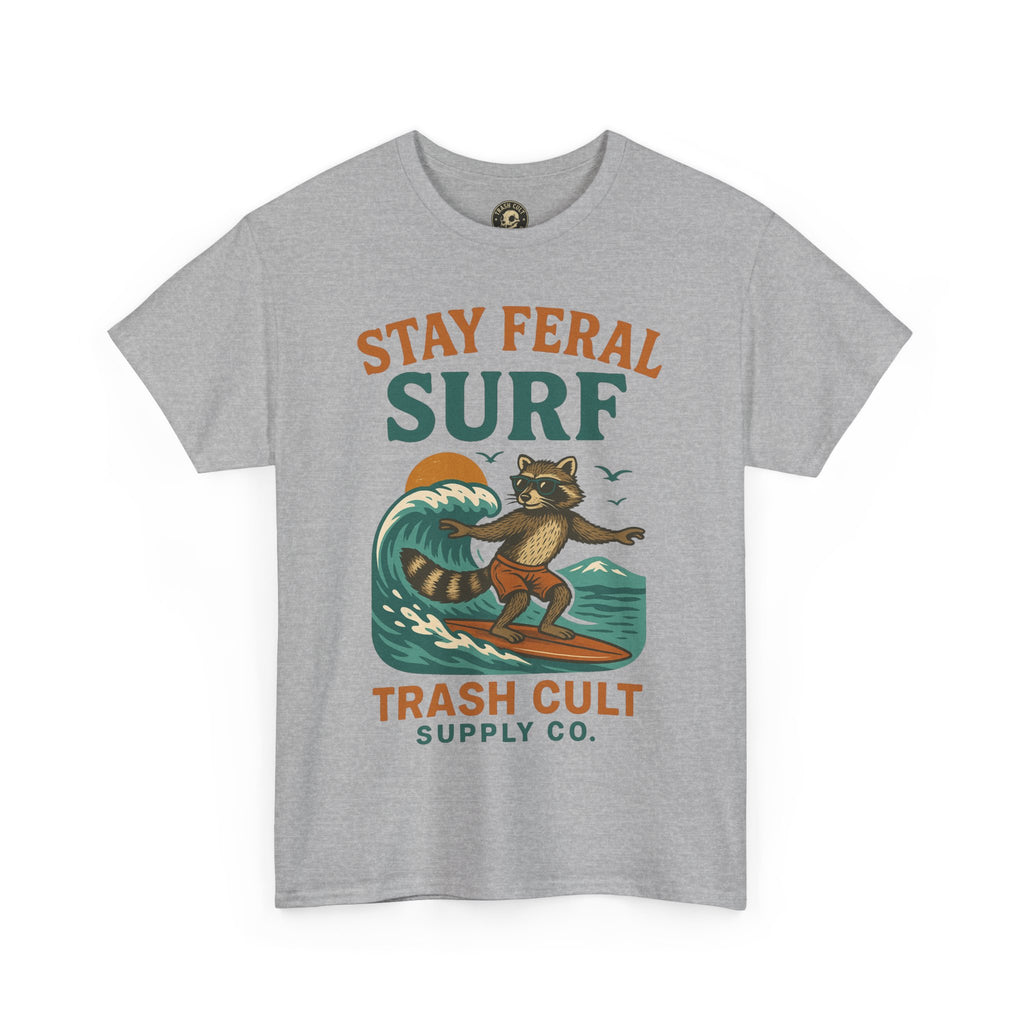 Stay Feral Surf Shirt – Retro Raccoon Beach Tee – Trash Cult Supply Co – Gildan 5000
