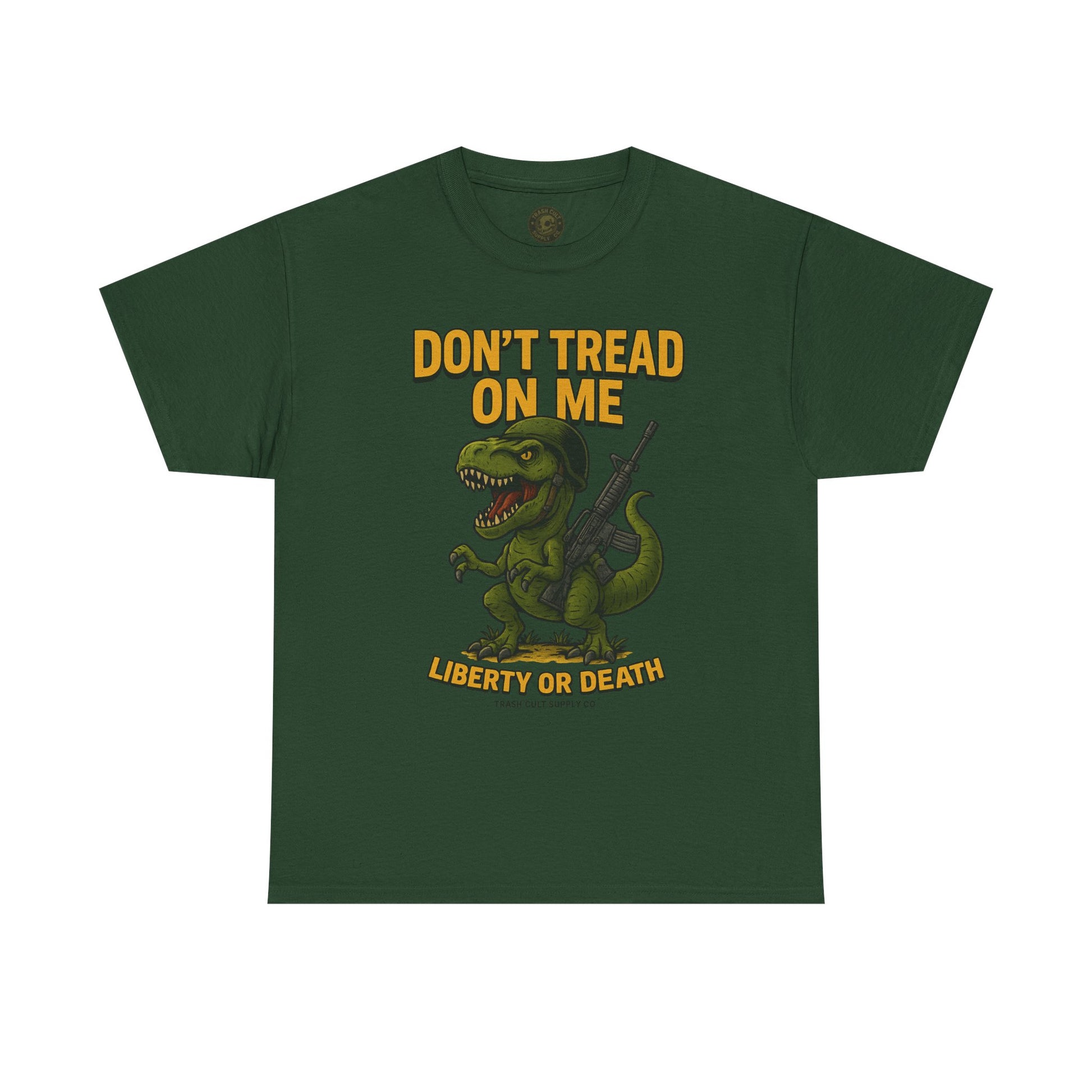 Don’t Tread On Me T-Rex T-Shirt – Liberty or Death Graphic | Trash Cult Supply Co. | Gildan 5000 Heavy Cotton