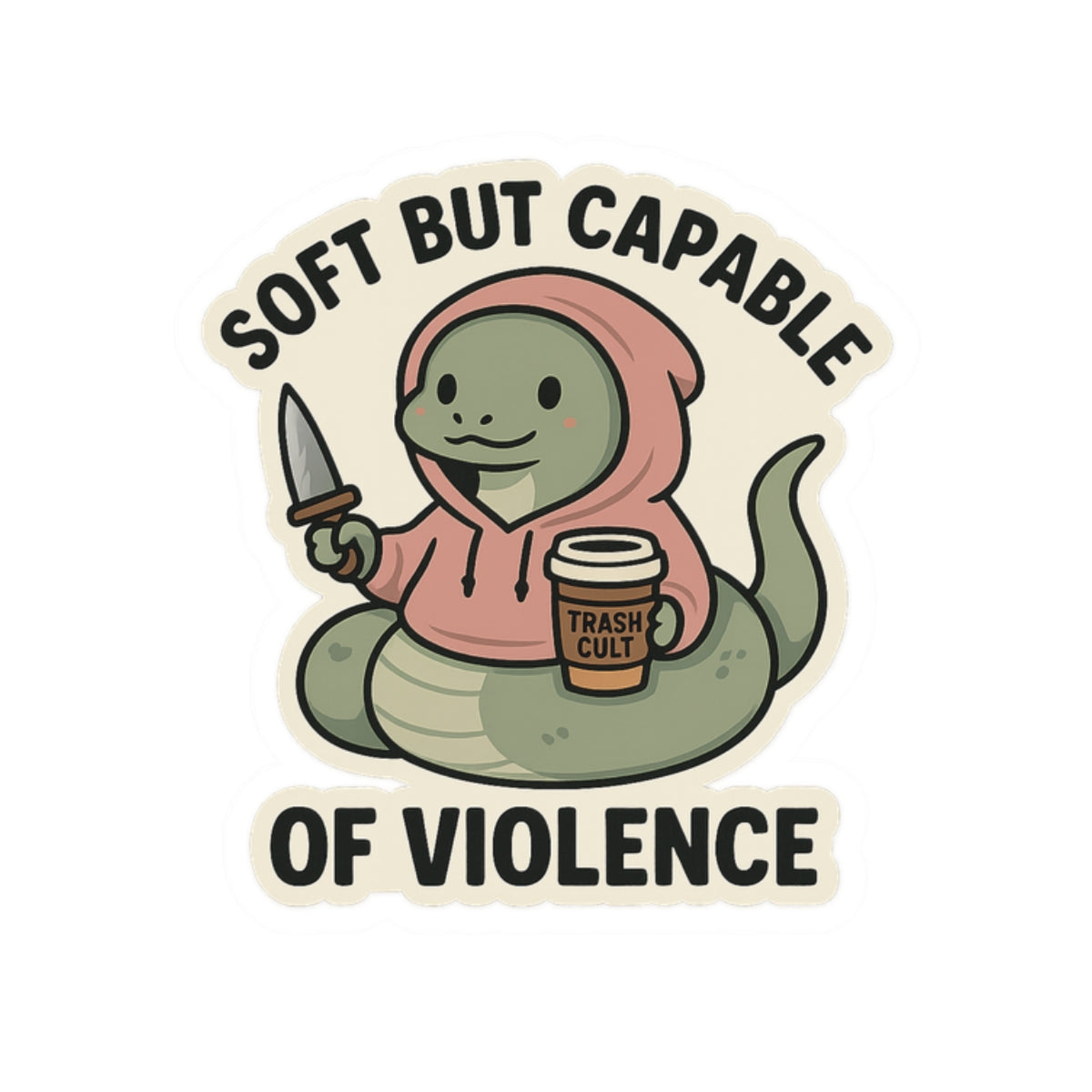 “Soft But Capable of Violence” Sticker – Cute Snake with Knife & Latte