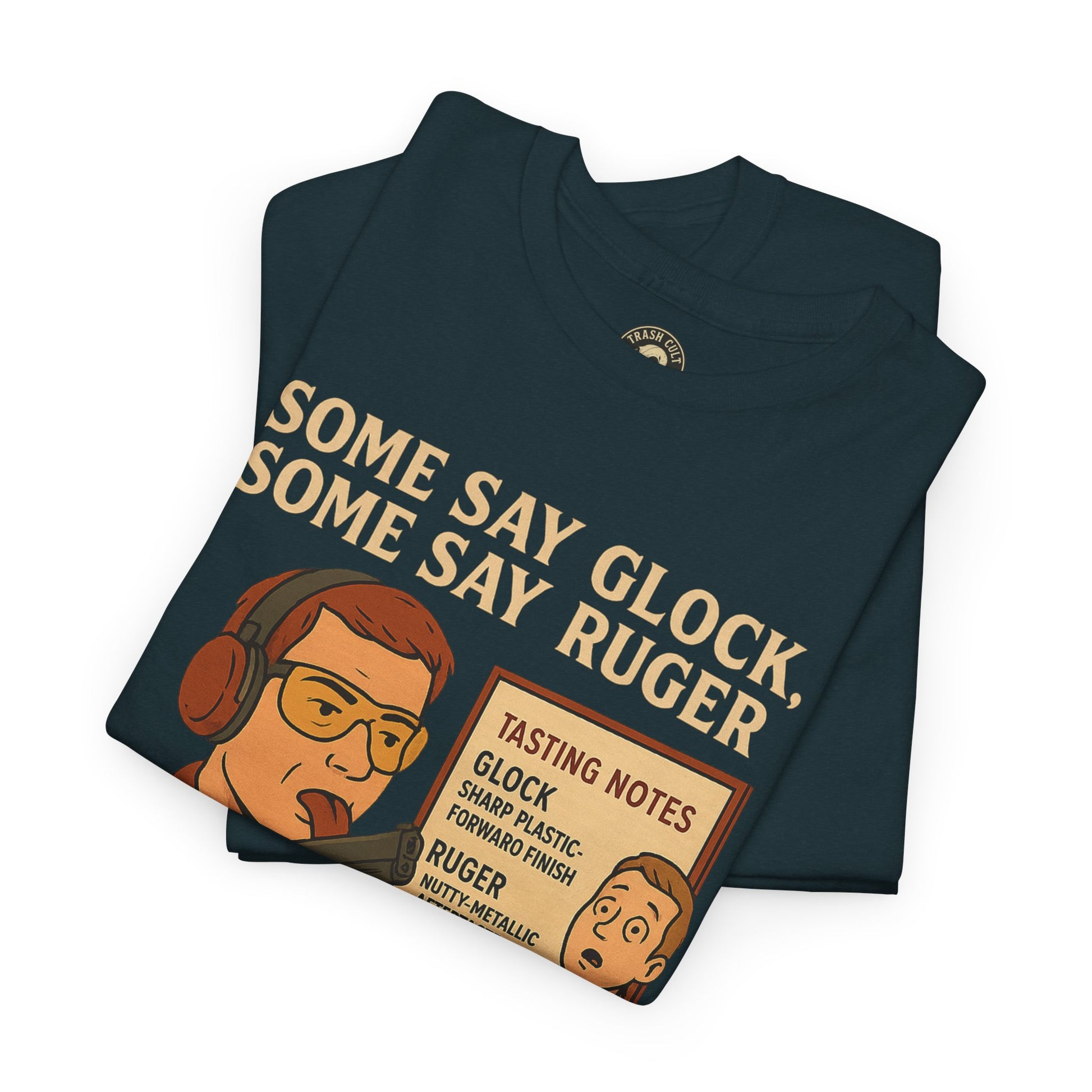 Glock vs Ruger Mouthfeel Shirt – Funny Gun Show Parody Tee | Dark Humor Firearm Tasting Notes Shirt
