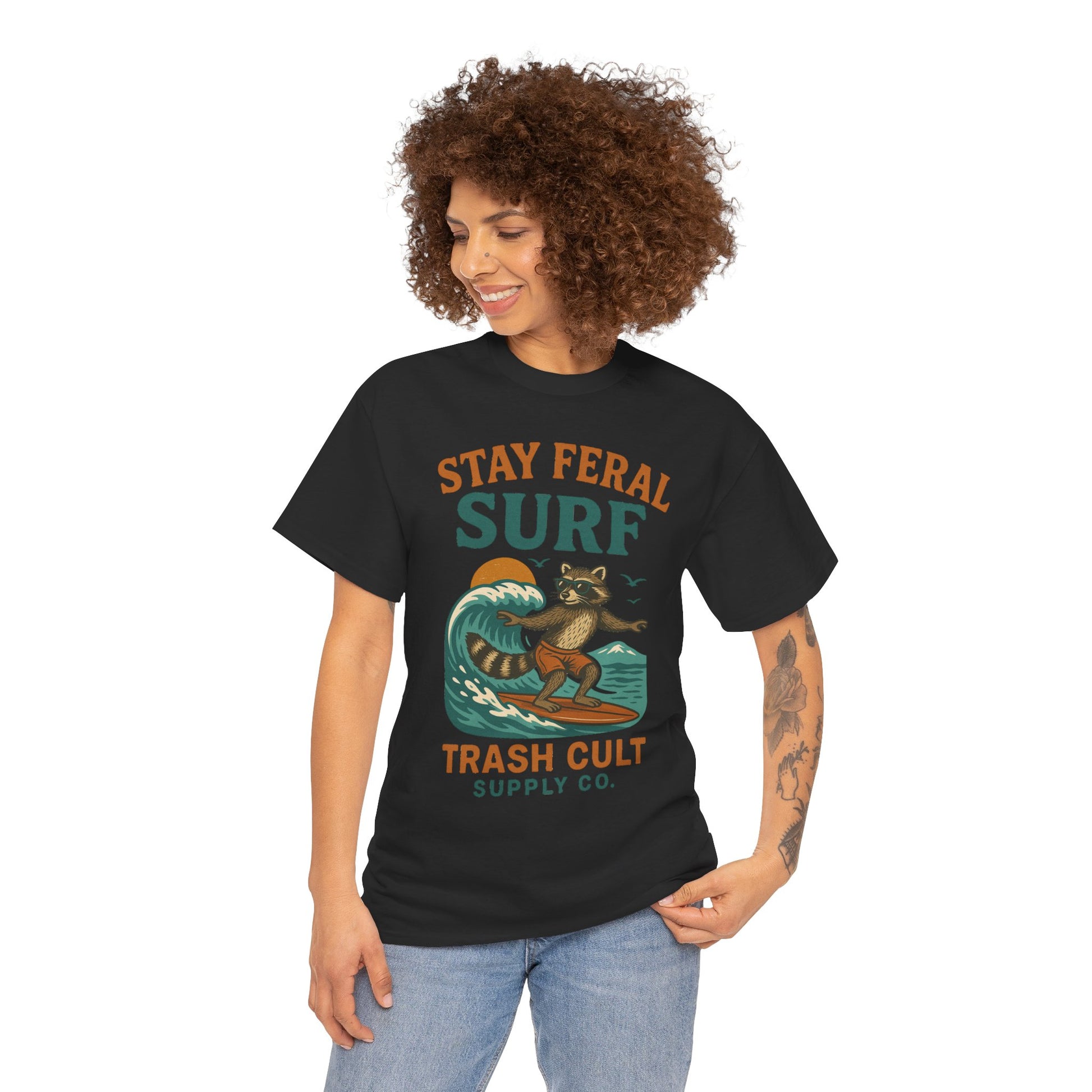 Stay Feral Surf Shirt – Retro Raccoon Beach Tee – Trash Cult Supply Co – Gildan 5000