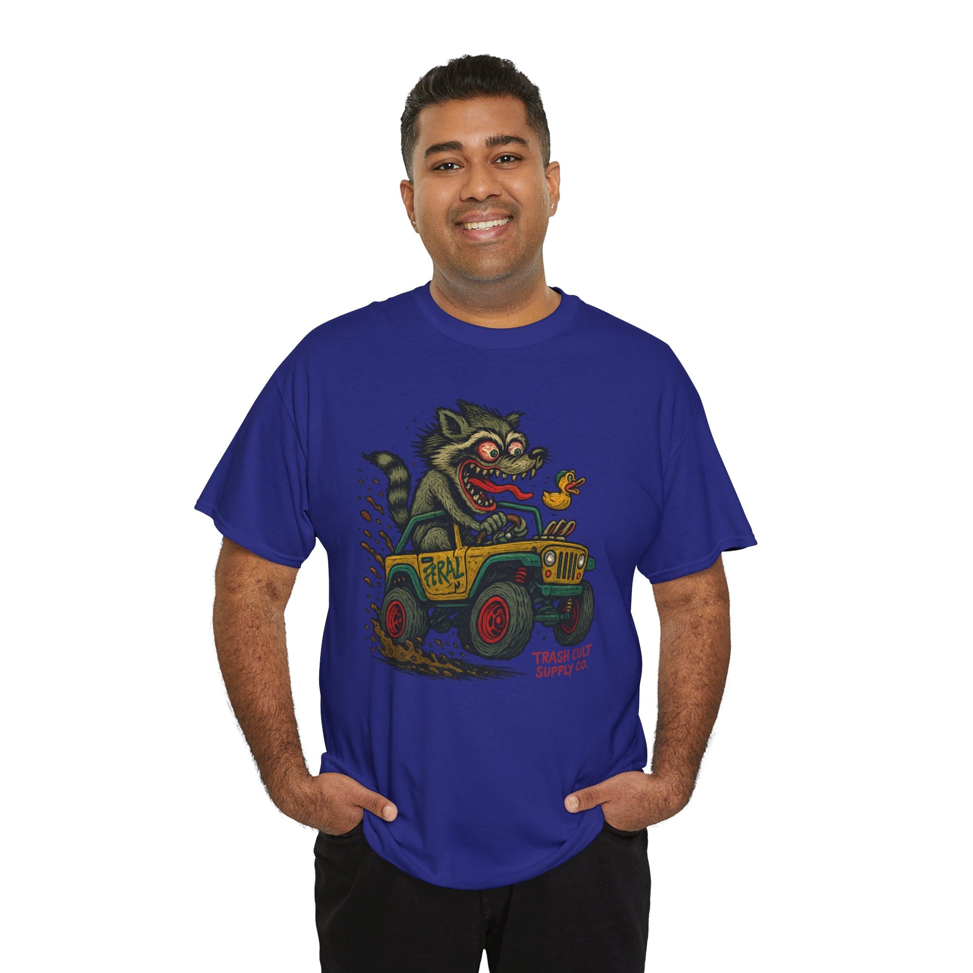 Feral Jeep Raccoon Shirt – Ed Roth Style Off-Road Chaos | Trash Cult Supply Co | Gildan 5000 Tee
