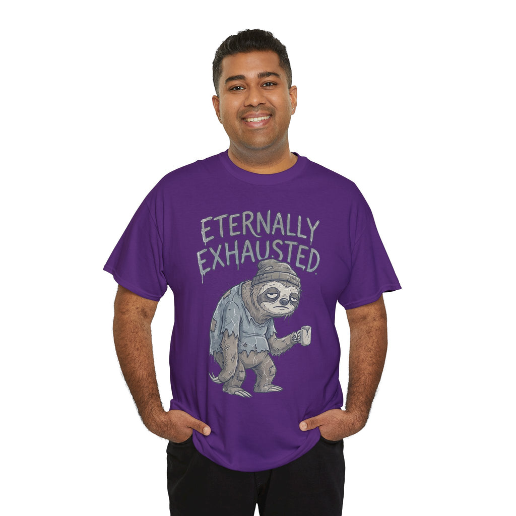 T-Shirt — 'Eternally Exhausted' Sloth Graphic Tee (Funny Coffee Lover Gift)